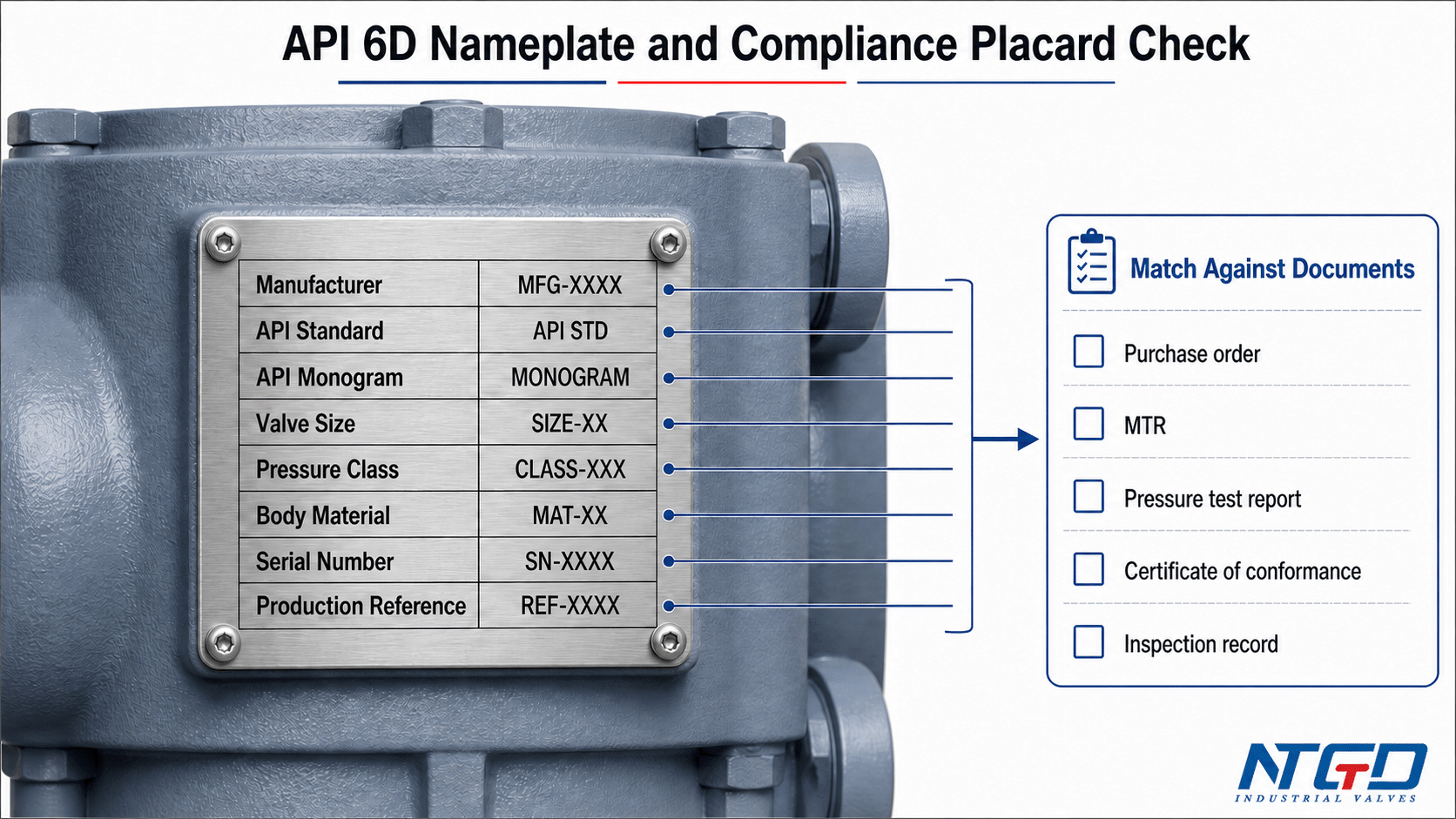 API 6D gate valve nameplate and compliance placard field check diagram
