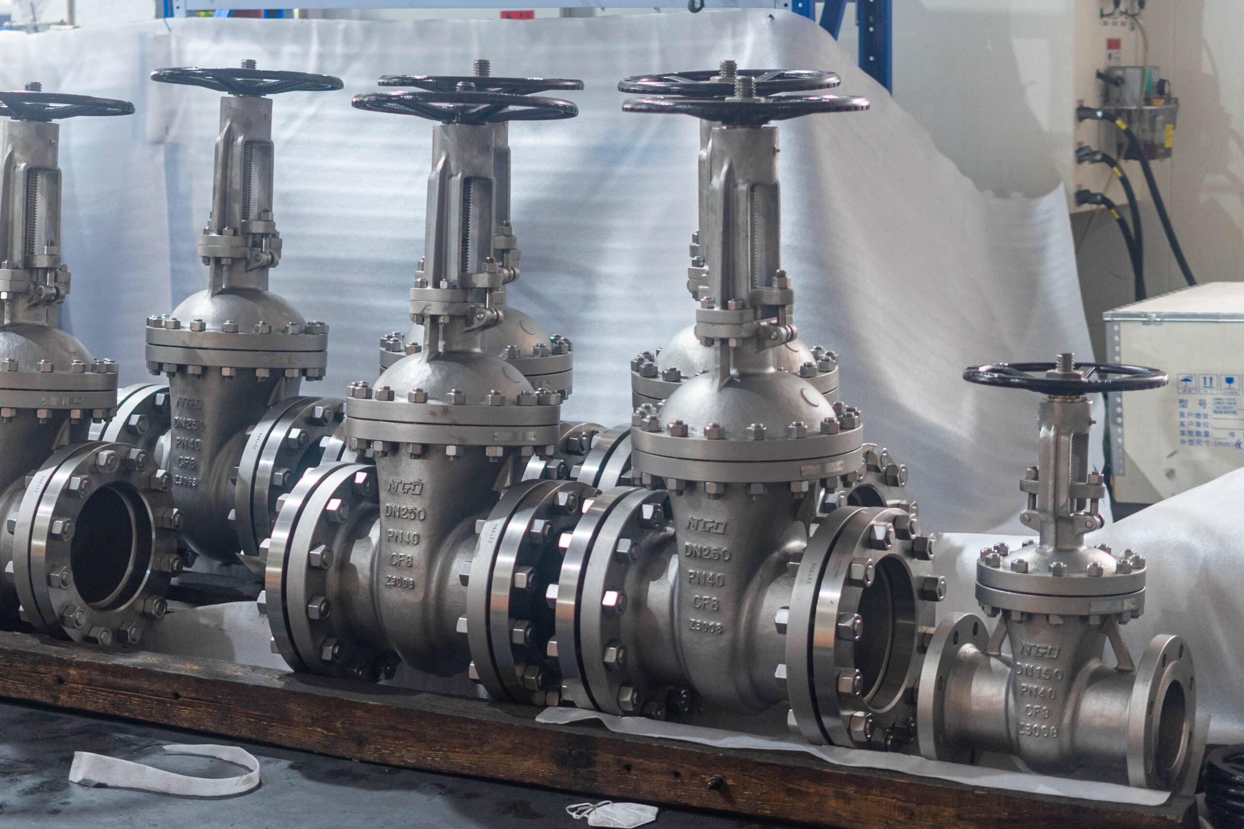 Workshop photo of flanged gate valves used for API compliance and inspection review