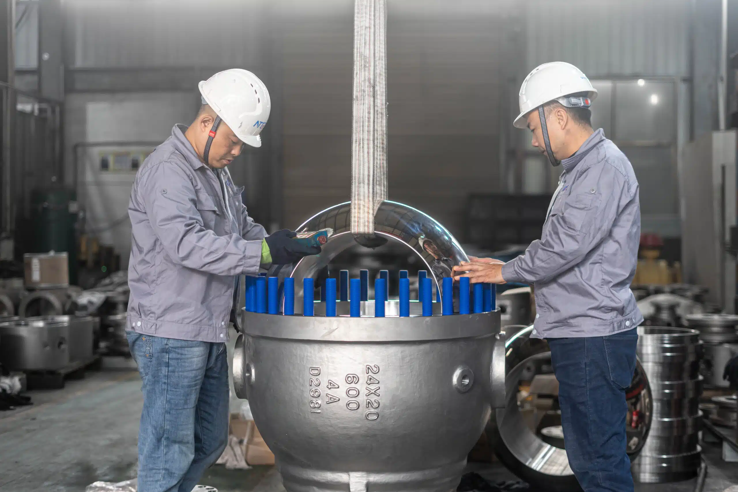 24x20 600LB ball valve ball installation during workshop assembly