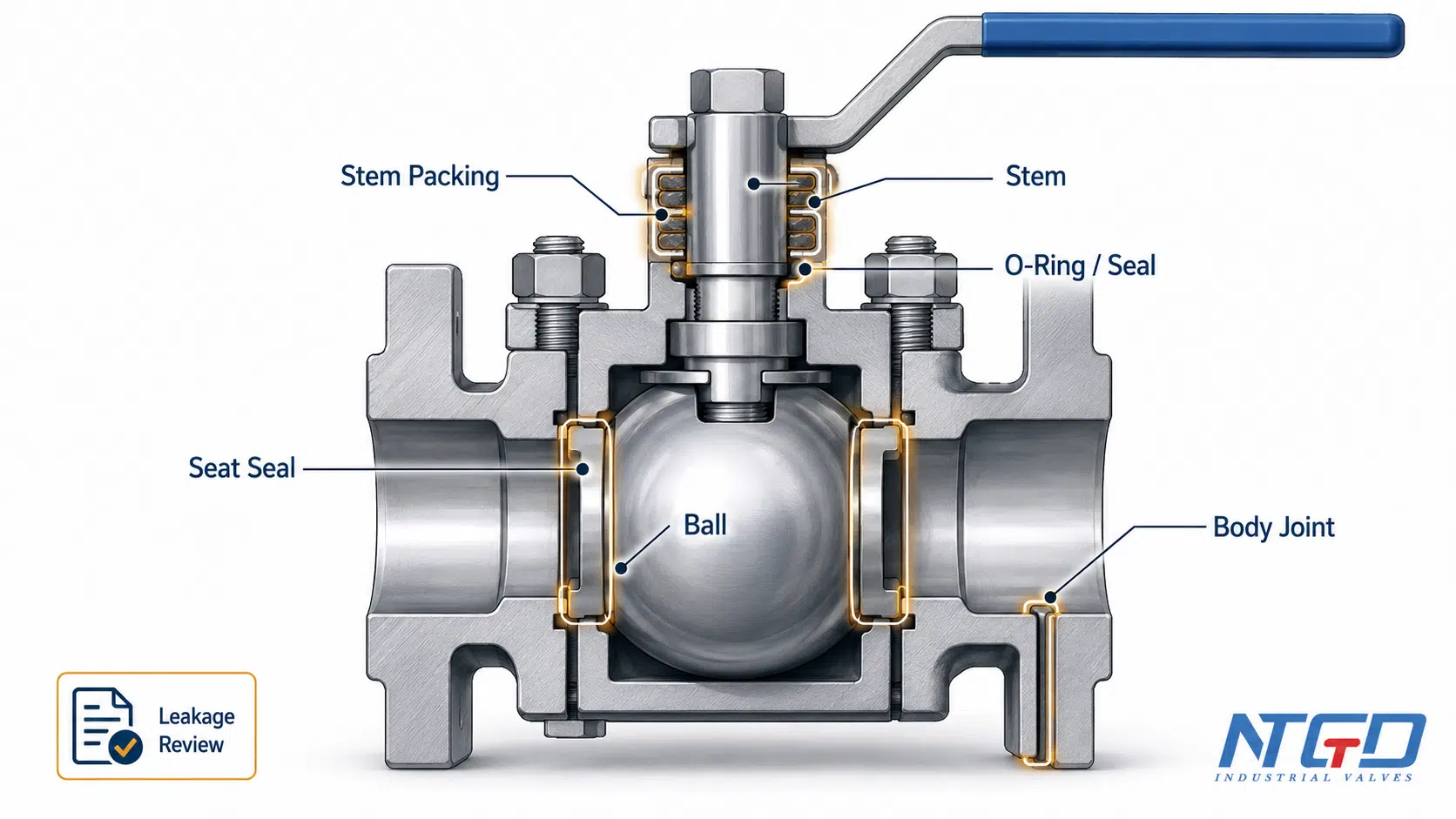 Ball valve sealing system showing seat seal, stem packing, O-ring seal and body joint review points