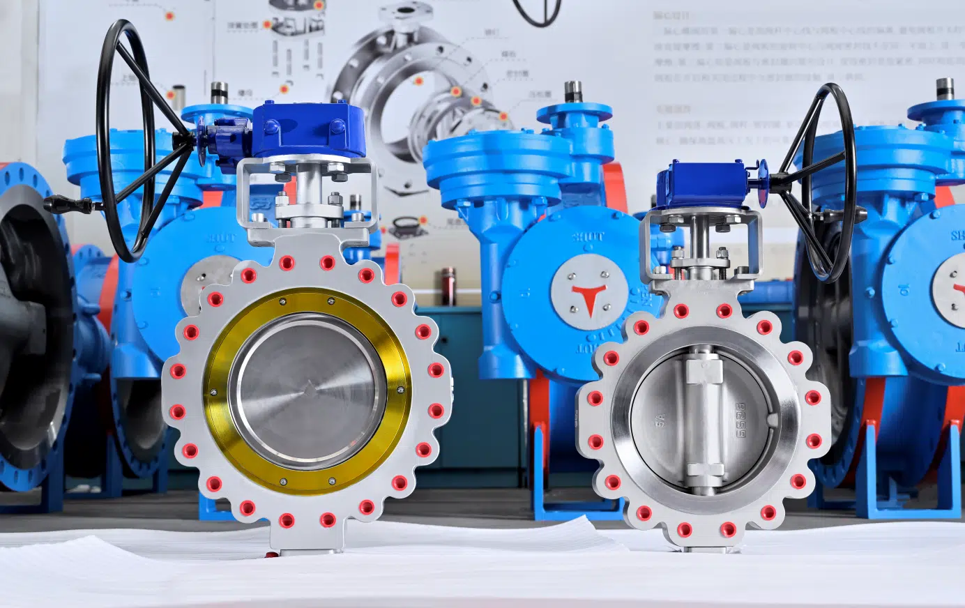Industrial flanged butterfly valves with handwheel operation in workshop display