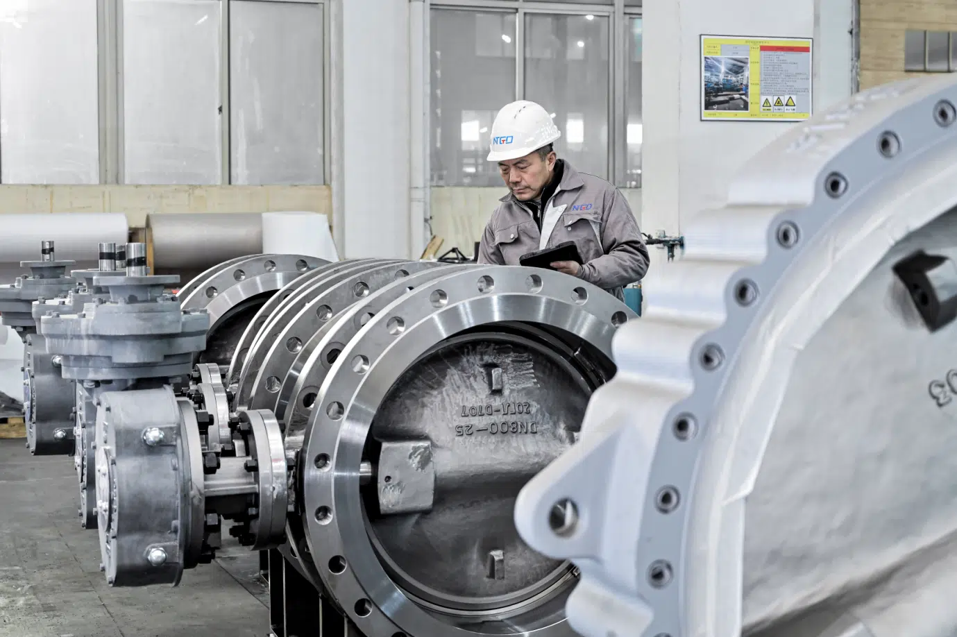 Large butterfly valve workshop inspection during service condition review