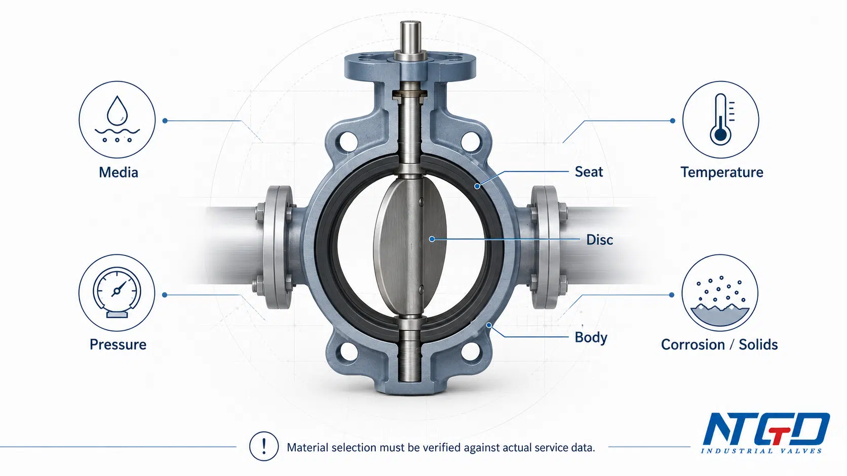 Butterfly valve material selection for seat disc and body based on service data
