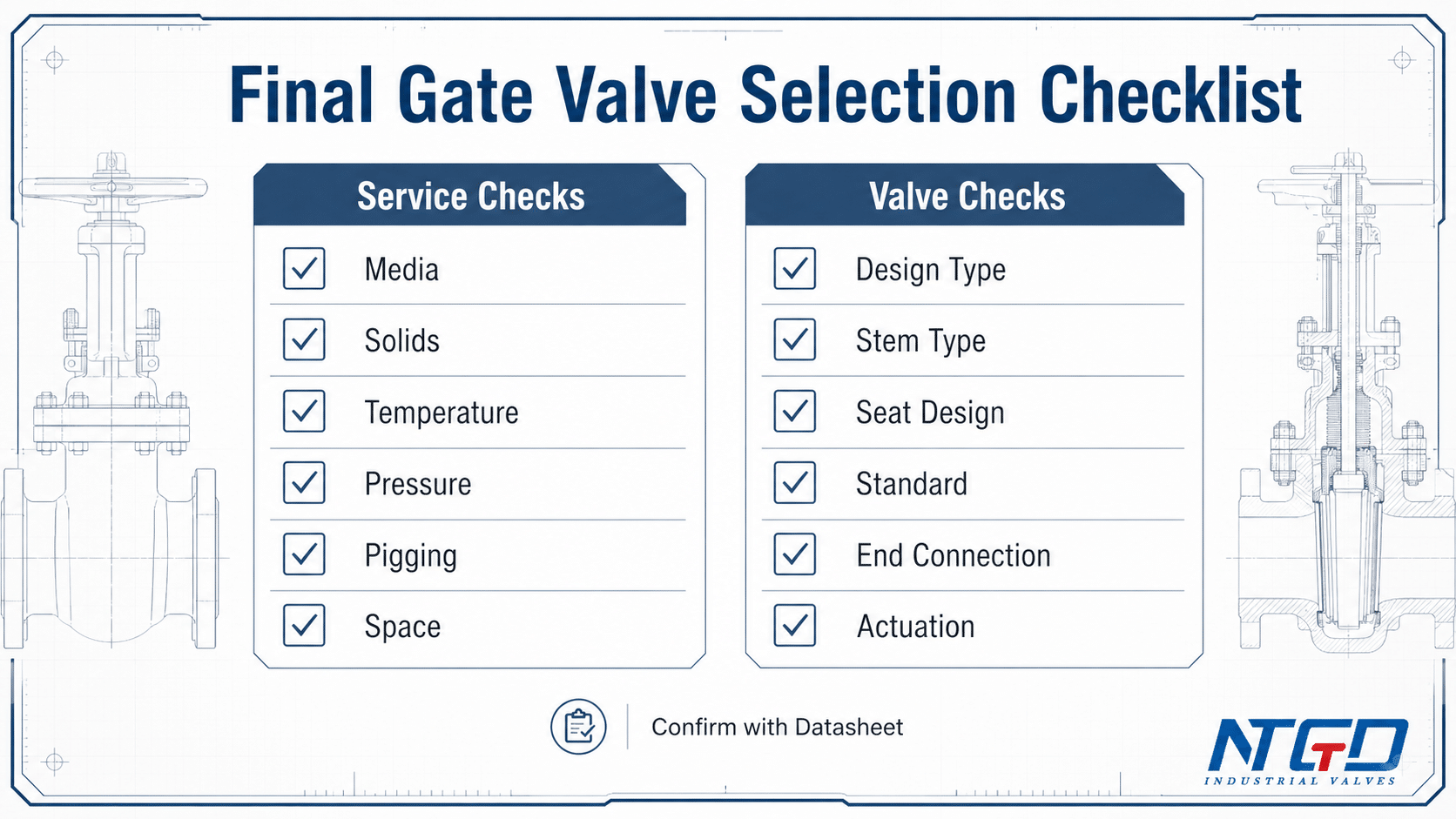 Final gate valve selection checklist for service checks and valve checks before RFQ