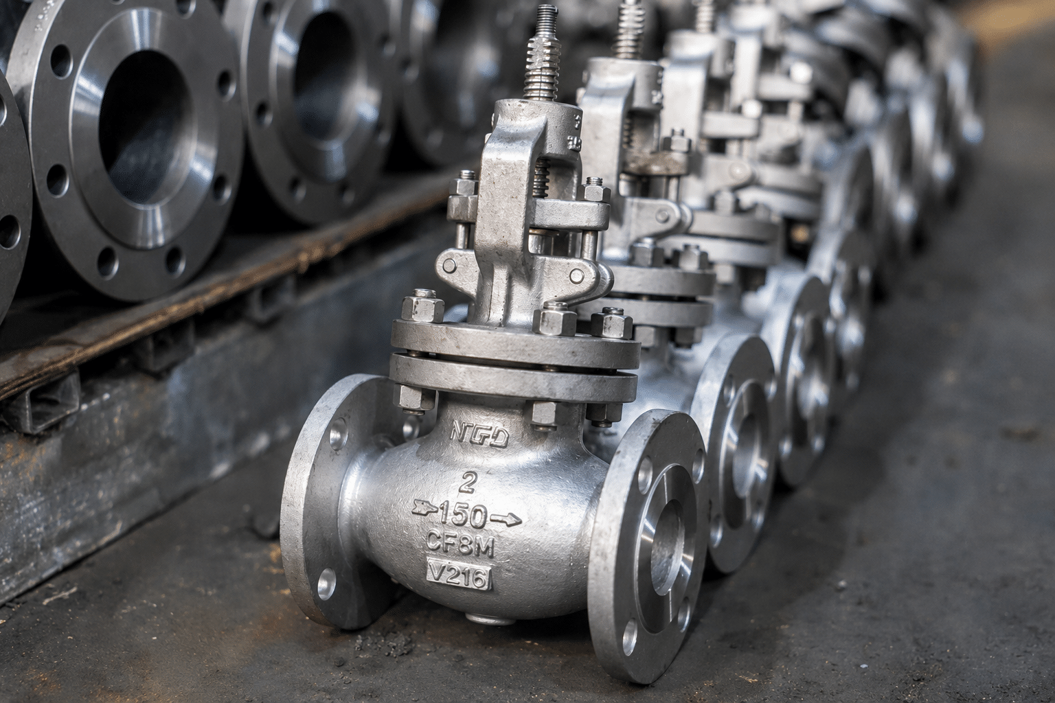 Flanged globe valves in NTGD workshop