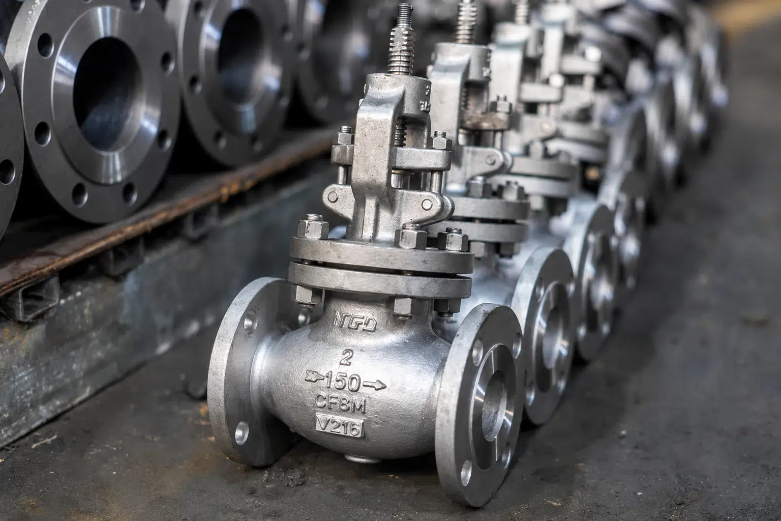 Flanged globe valves in NTGD workshop