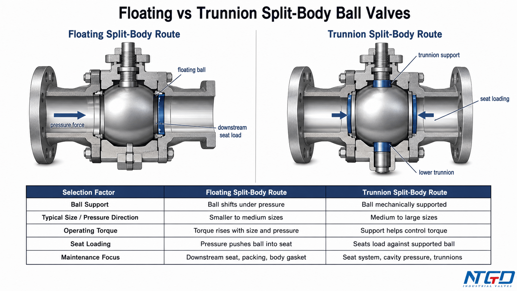 Floating vs trunnion split-body ball valve comparison diagram