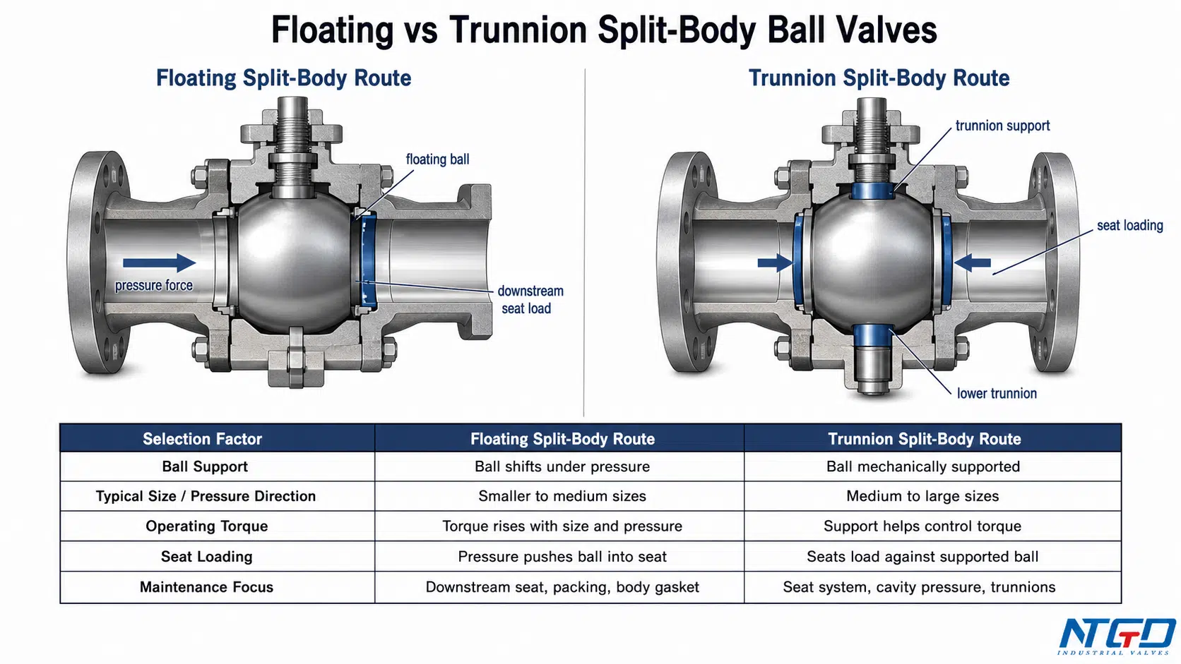 Floating vs trunnion split-body ball valve comparison diagram