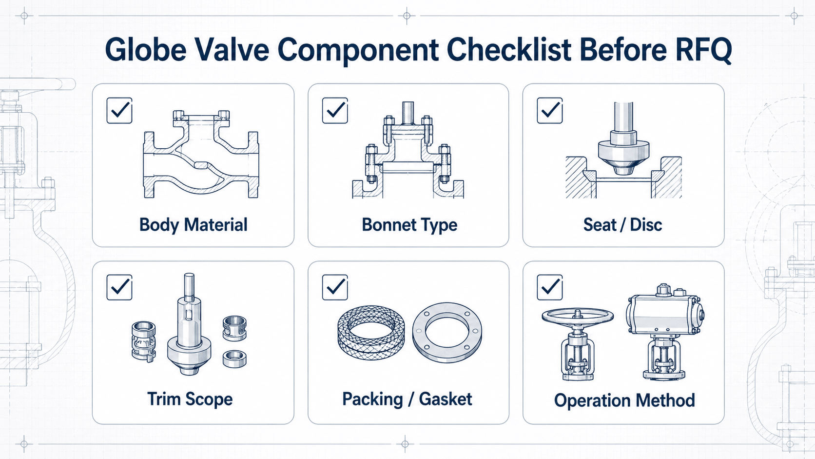 Globe valve component checklist before RFQ with body material, bonnet type, seat disc, trim, packing gasket and operation method.