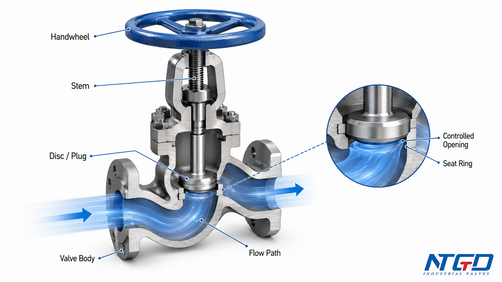 Globe valve cutaway with flow path, controlled opening, seat ring, stem and disc plug labels