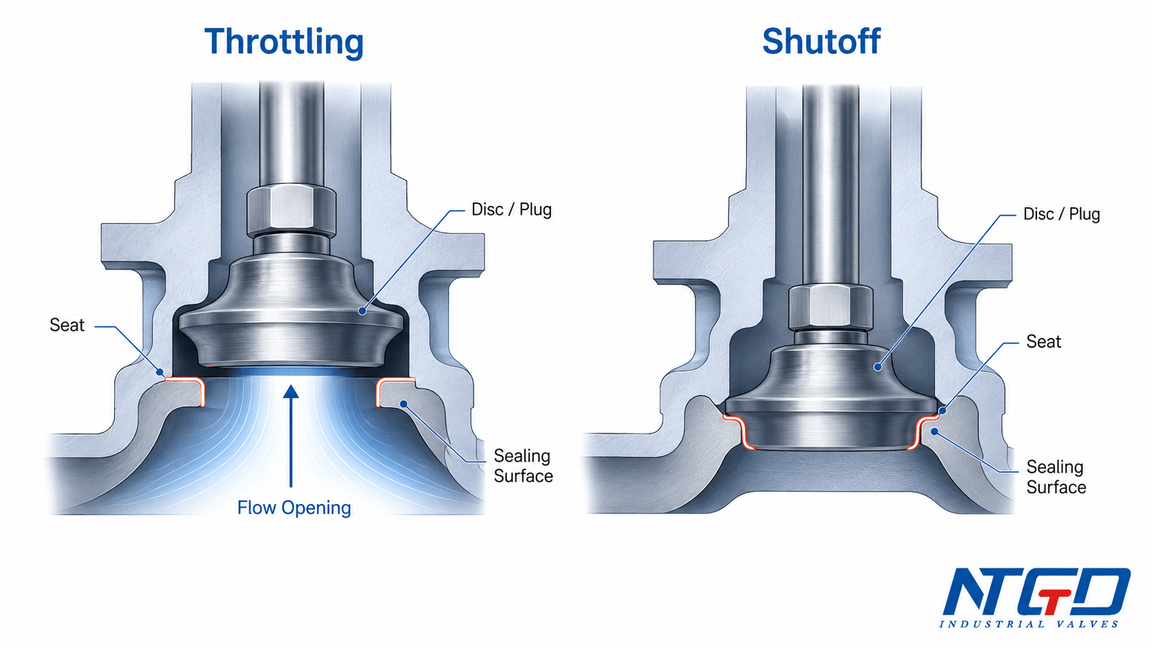 Globe valve disc and seat close-up comparing throttling flow opening with shutoff sealing surface