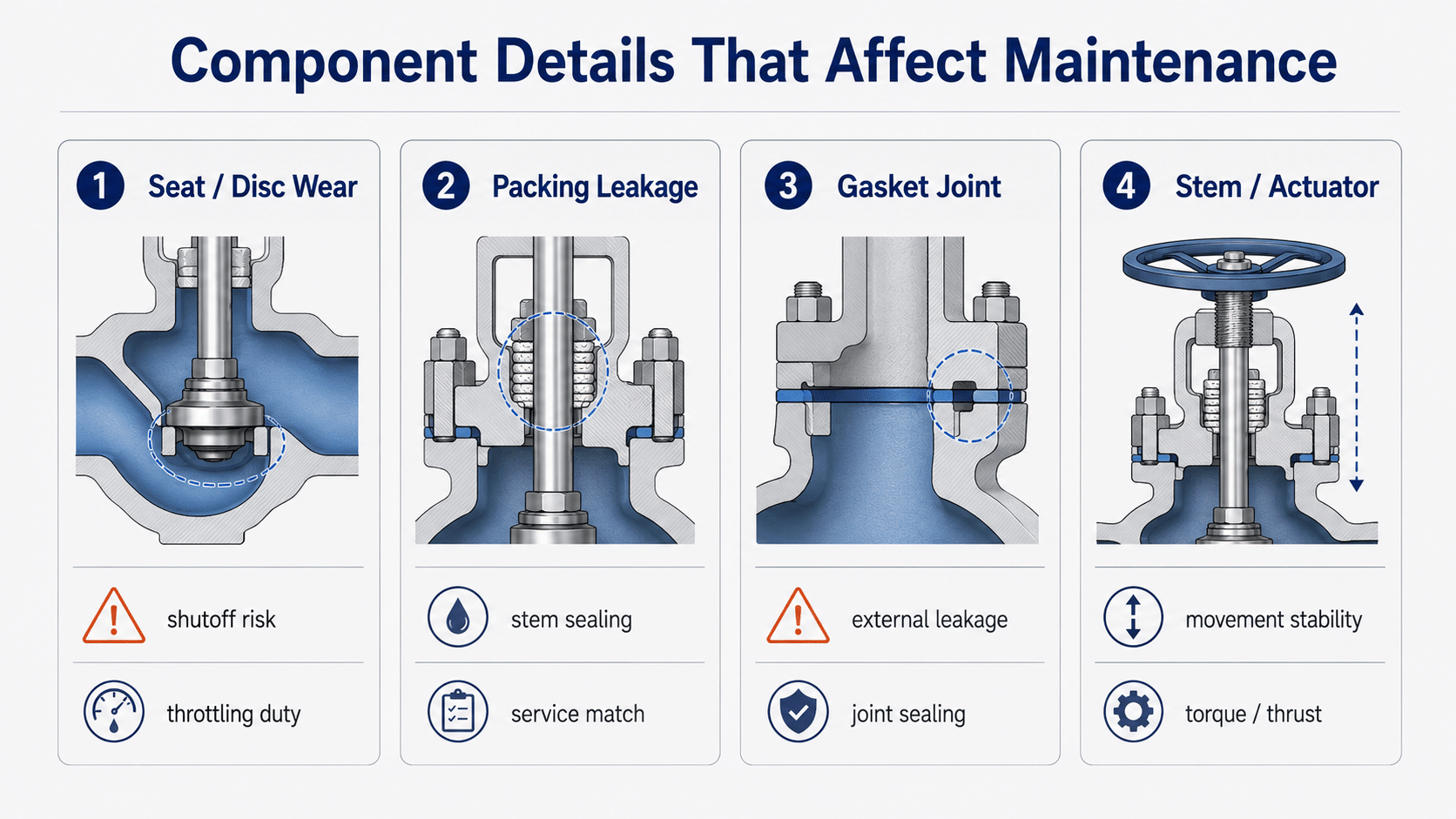 Globe valve maintenance risk board showing seat disc wear, packing leakage, gasket joint and stem actuator issues.