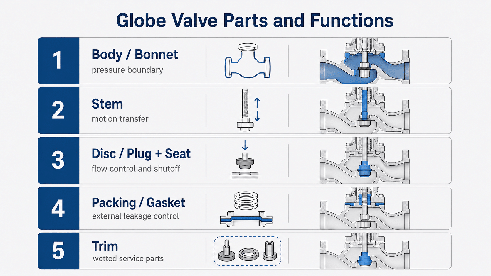 Engineering board summarizing globe valve parts and functions including body, stem, seat, packing and trim.