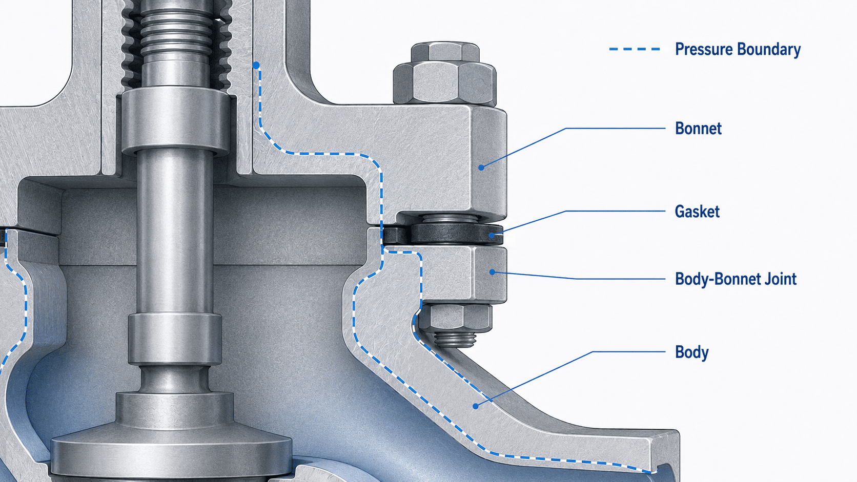 Close-up globe valve cutaway showing body, bonnet, gasket and body-bonnet joint pressure boundary.