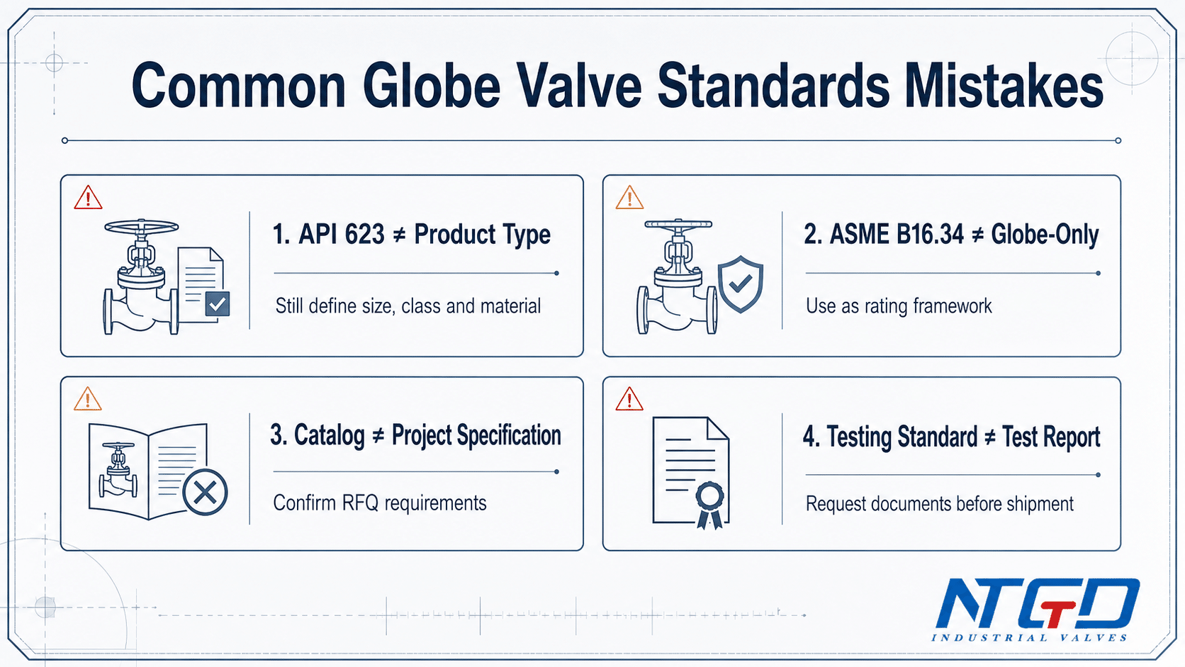 Common globe valve standards mistakes diagram for API 623, ASME B16.34, catalogs and test reports.