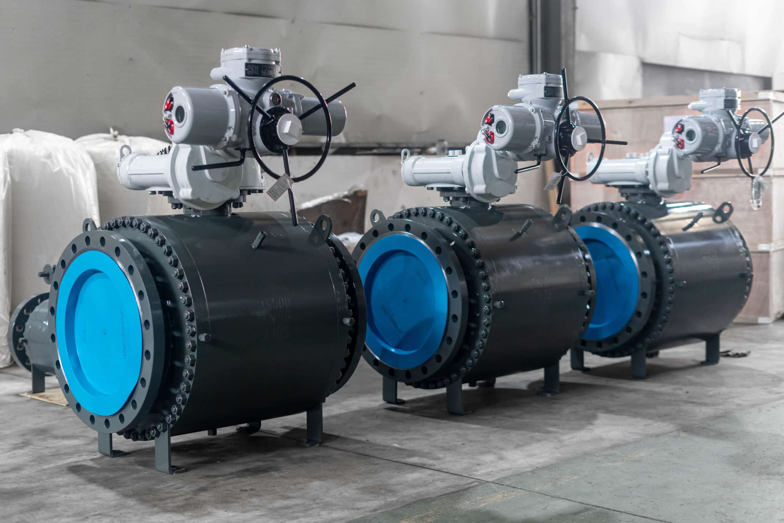 Real industrial ball valves in a factory workshop for ball valve sizing and installation context