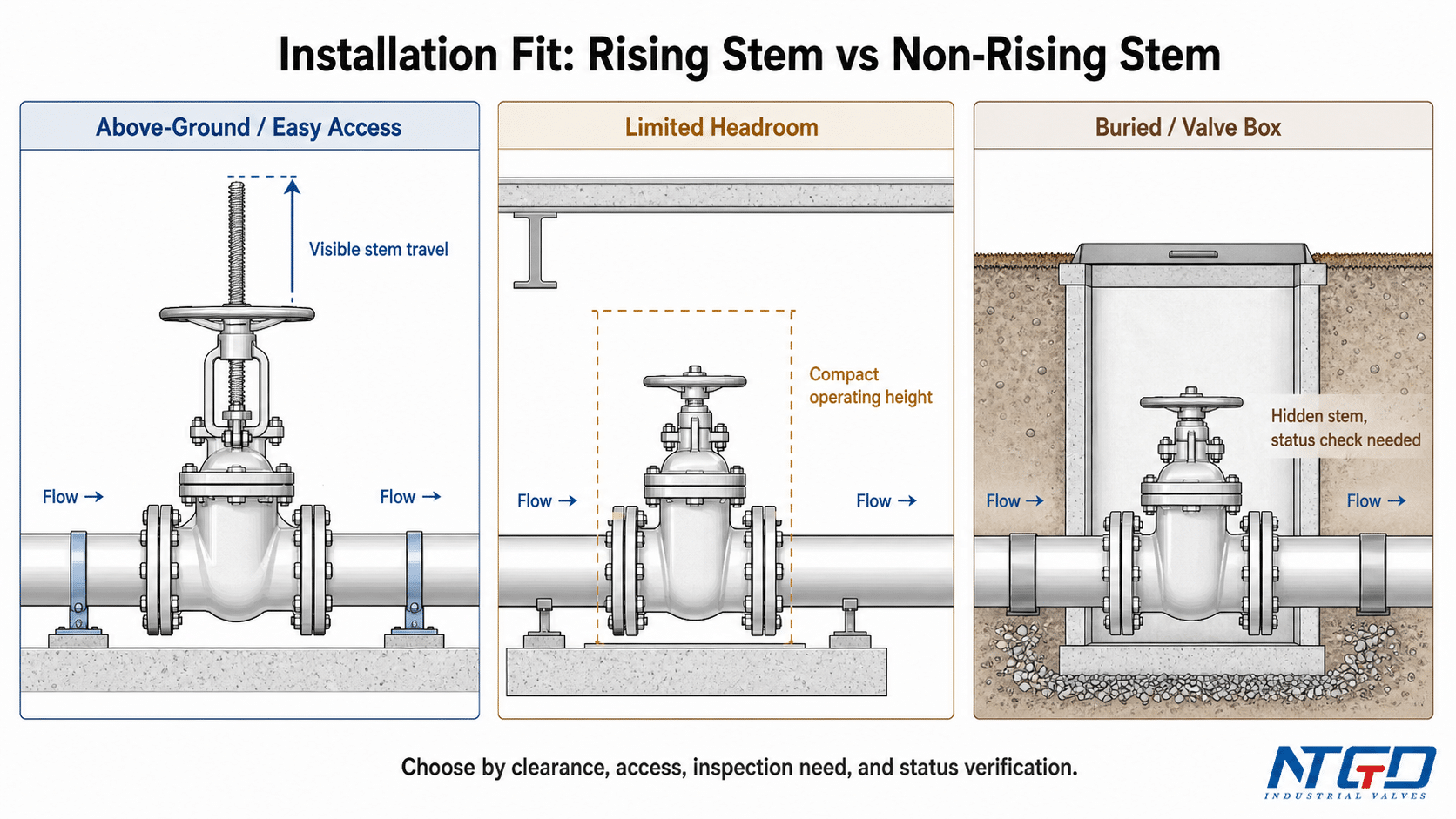Installation fit diagram for rising stem and non-rising stem gate valves