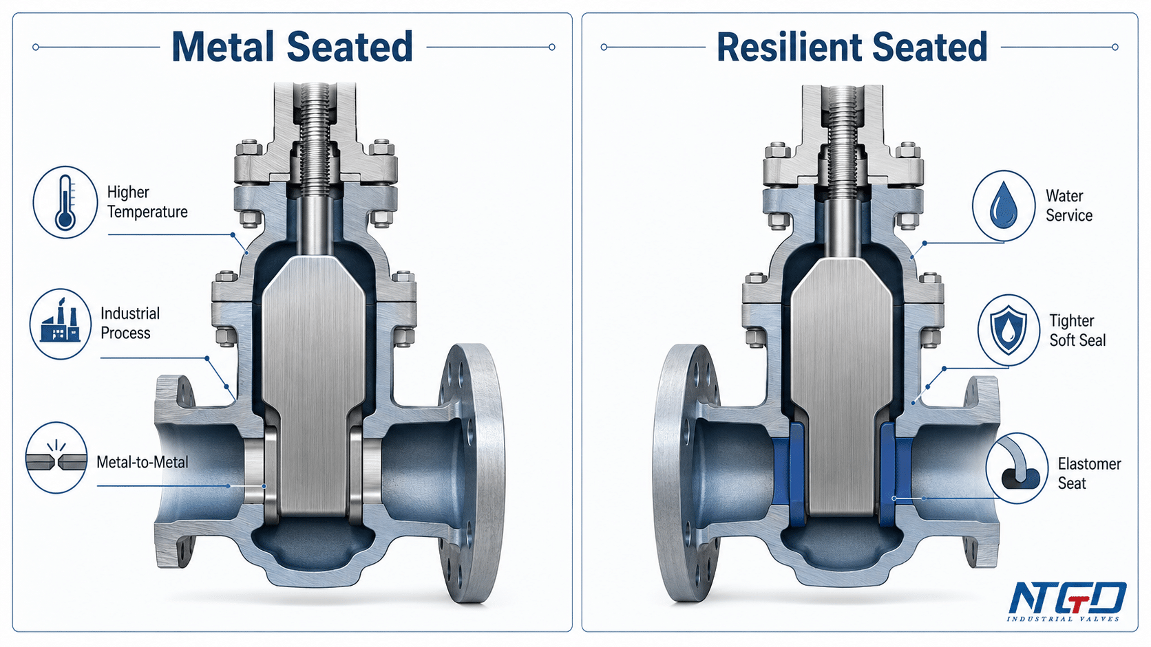 Metal seated vs resilient seated gate valves showing metal-to-metal and elastomer seat designs