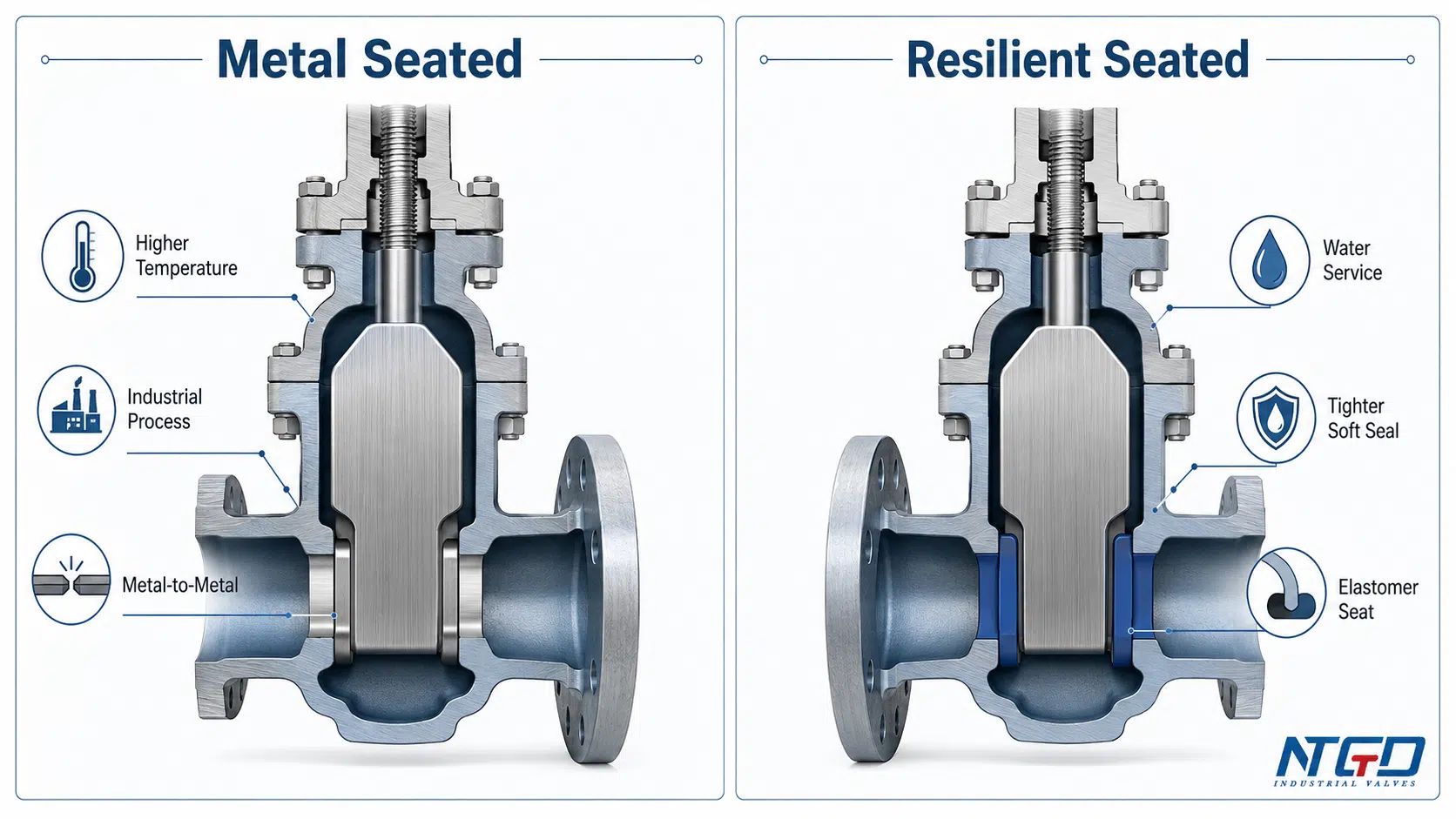 Válvulas de gaveta com sede metálica versus válvulas de gaveta com sede resiliente mostrando projetos de sede metal-metal e de elastômero