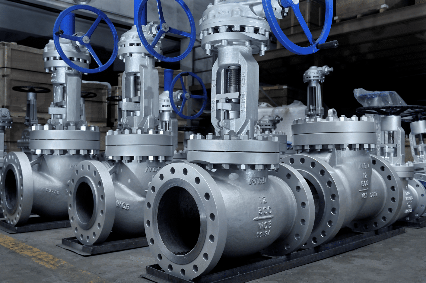 Lineup of NTGD flanged globe valves showing handwheels, stems, bodies and flange connections