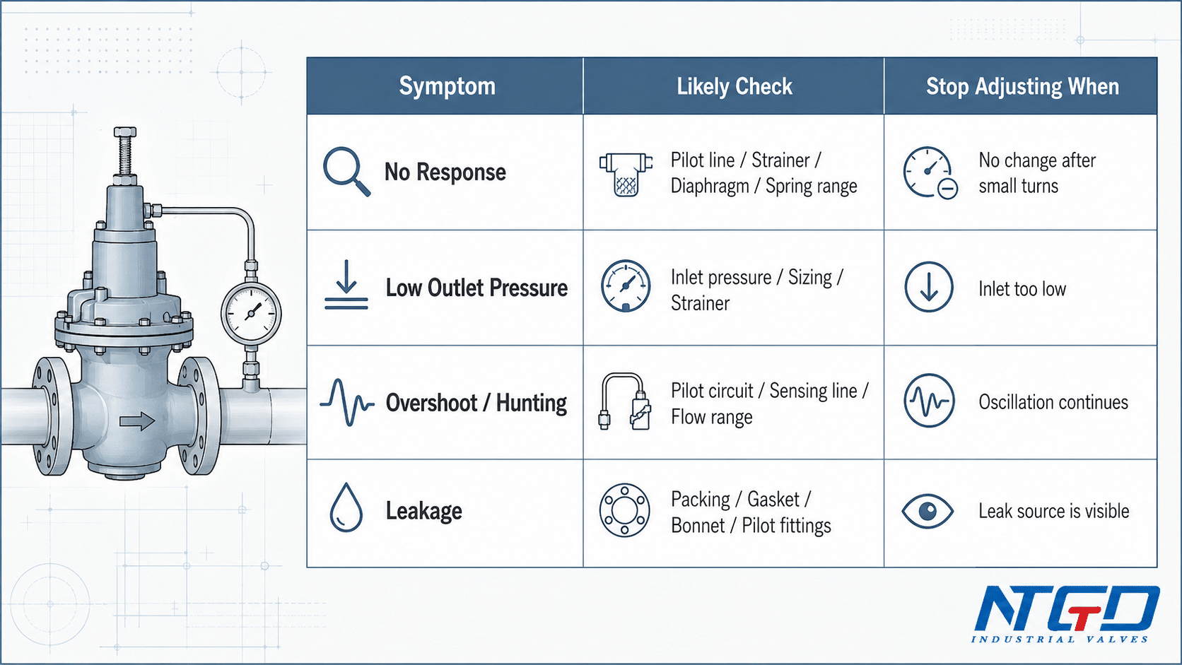 Pressure reducing valve troubleshooting board for no response low outlet pressure hunting and leakage