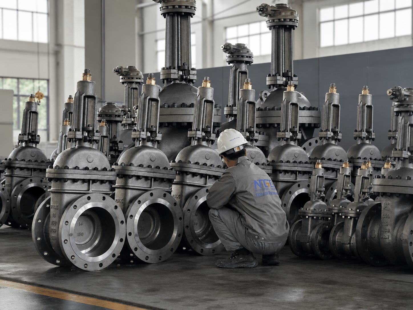 Real workshop photo of large rising stem gate valves under inspection