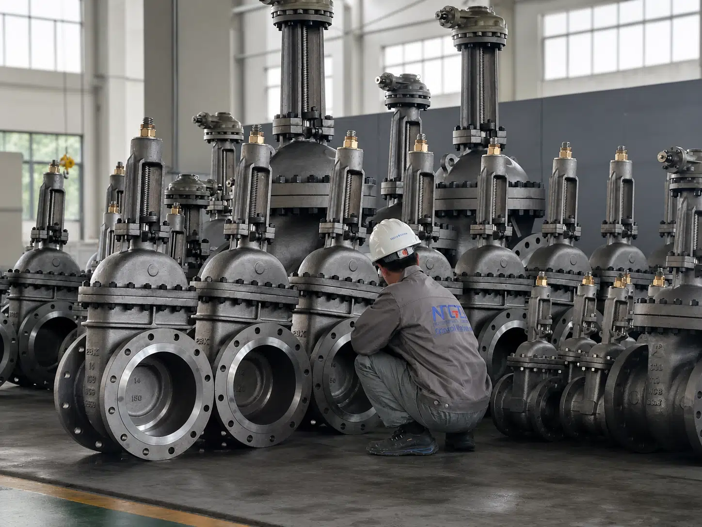Real workshop photo of large rising stem gate valves under inspection