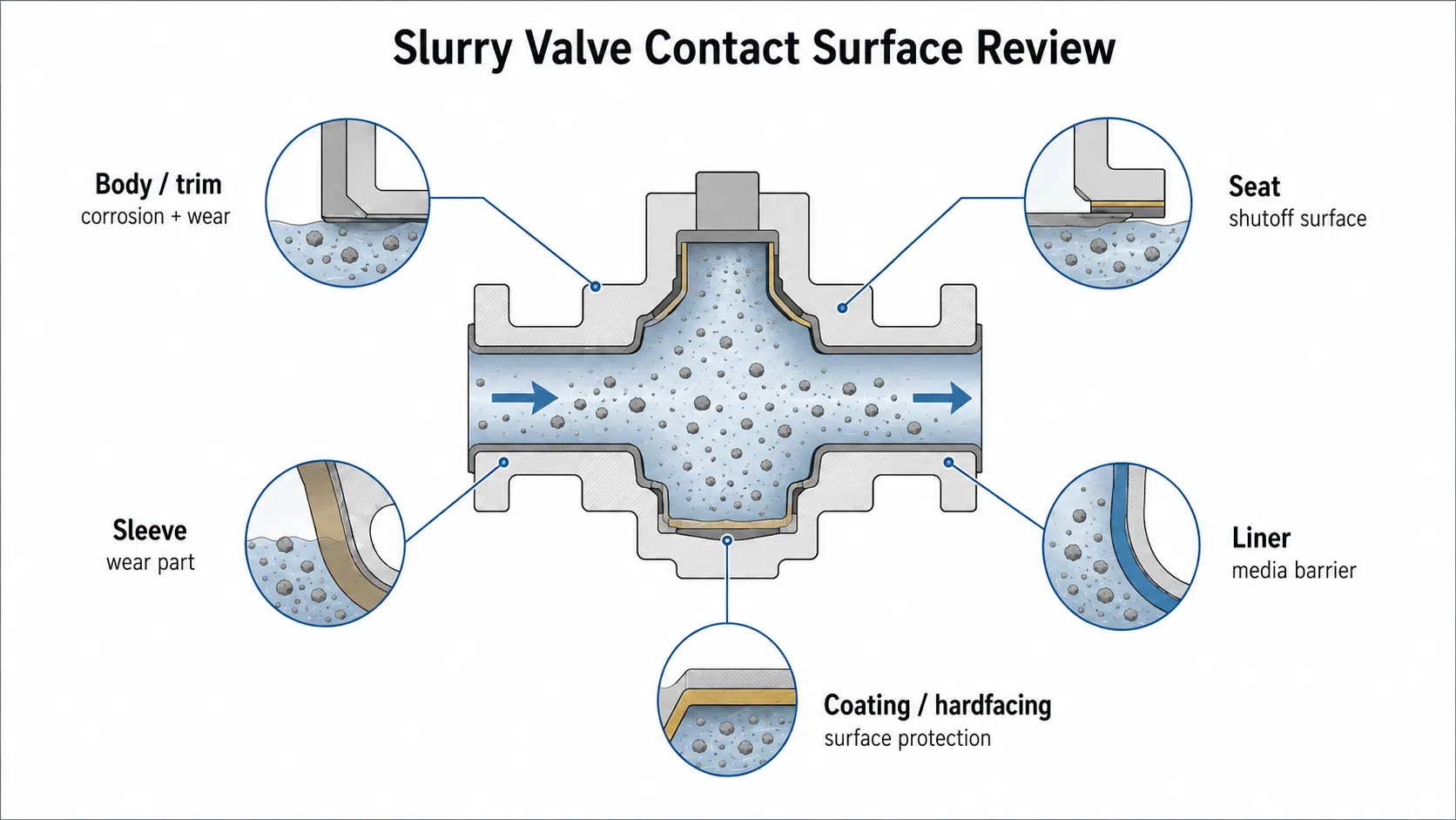 Slurry valve contact surface review showing body trim seat sleeve liner and coating wear paths