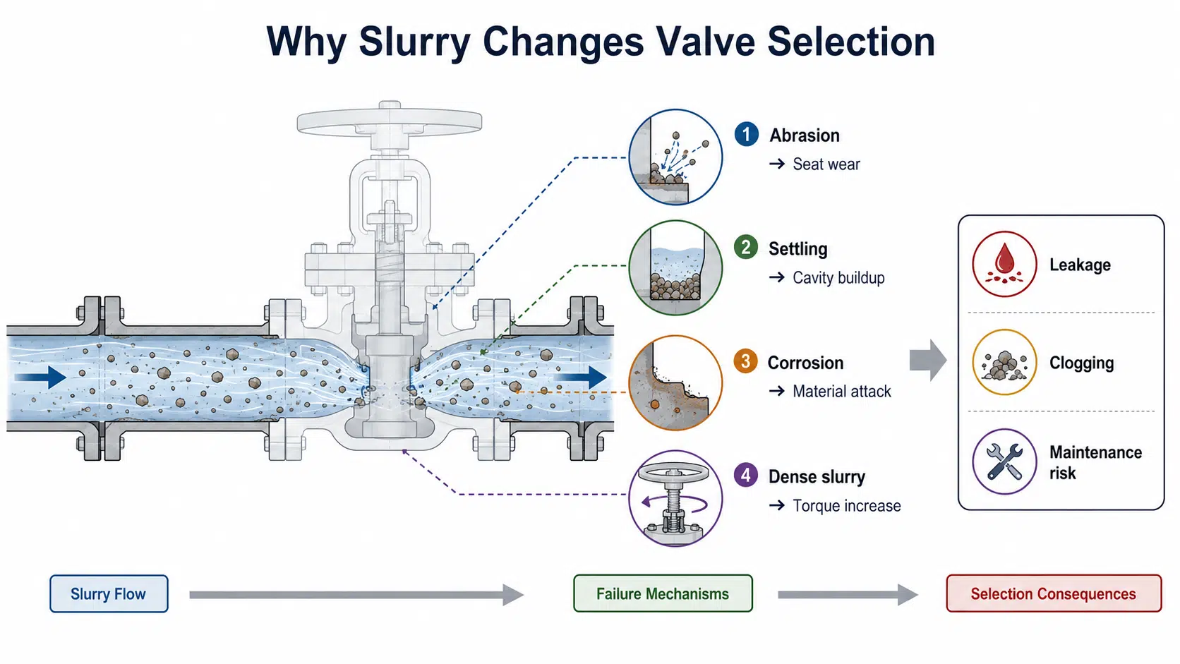 Slurry valve failure mechanism diagram showing abrasion settling corrosion and torque increase