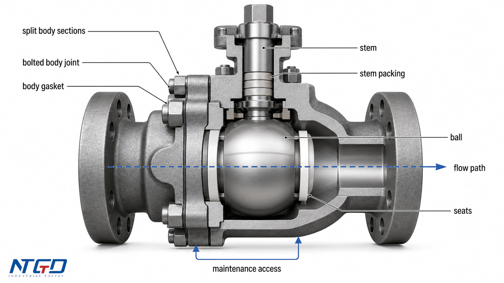 Cutaway diagram of split-body ball valve construction and internal components