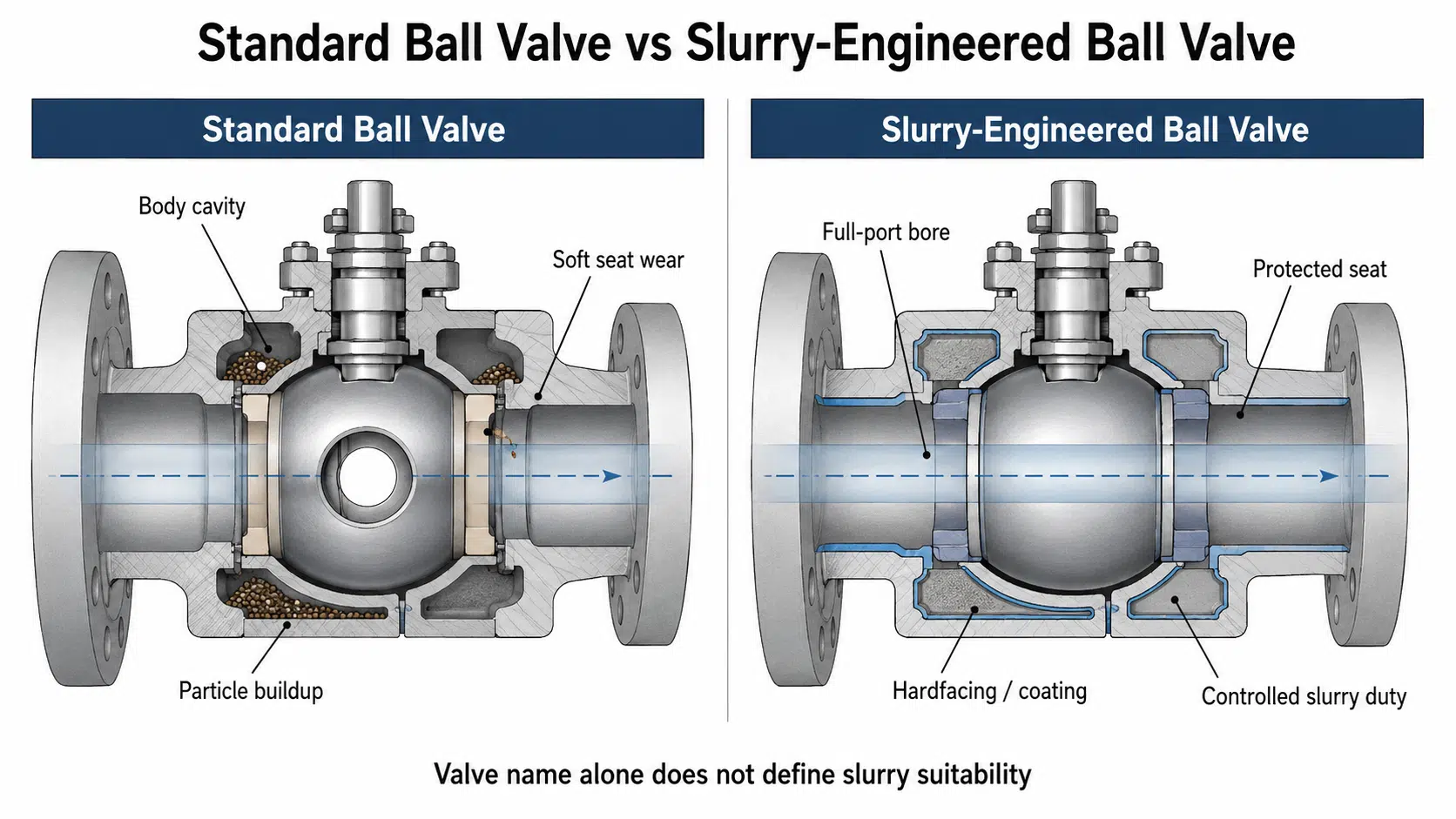 Standard ball valve vs slurry-engineered ball valve cutaway comparison
