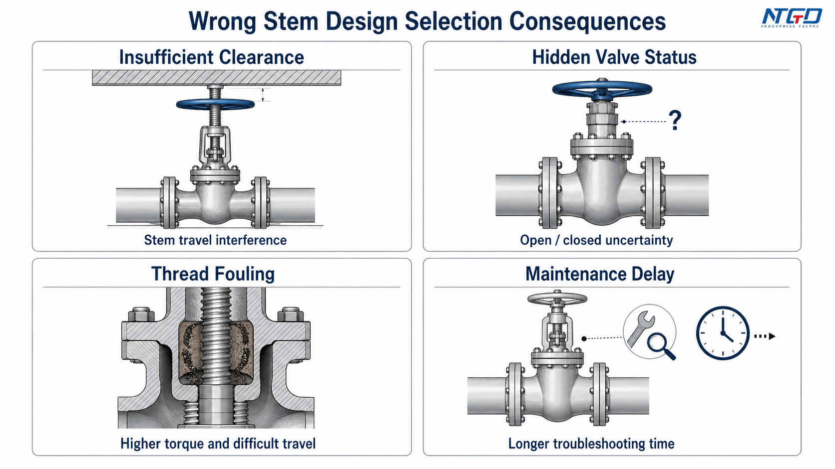 Wrong selection consequence board for rising stem and non-rising stem gate valves