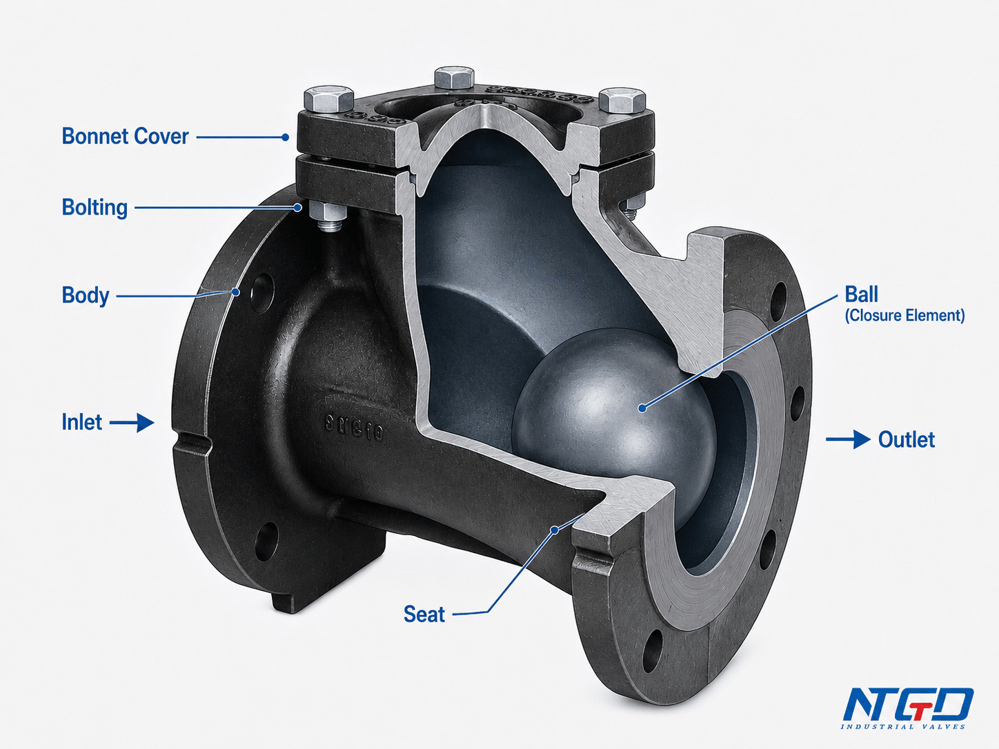 Ball non-return valve cutaway diagram showing ball closure element body seat inlet and outlet