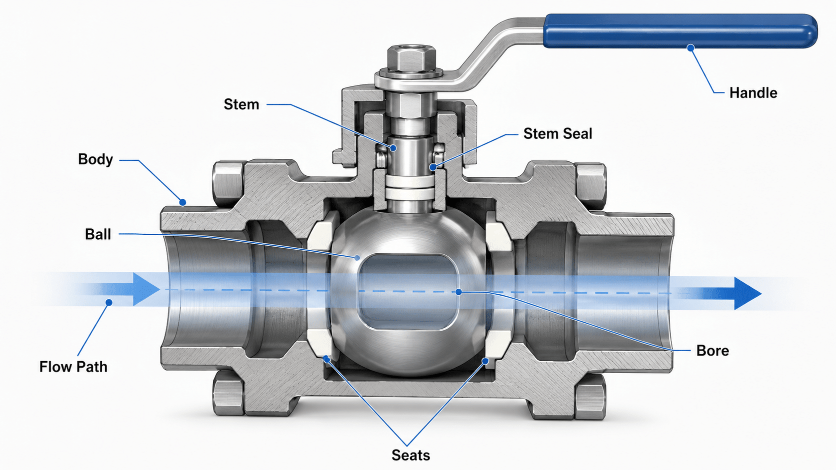 Ball valve cutaway showing body ball bore stem handle seats stem seal and flow path