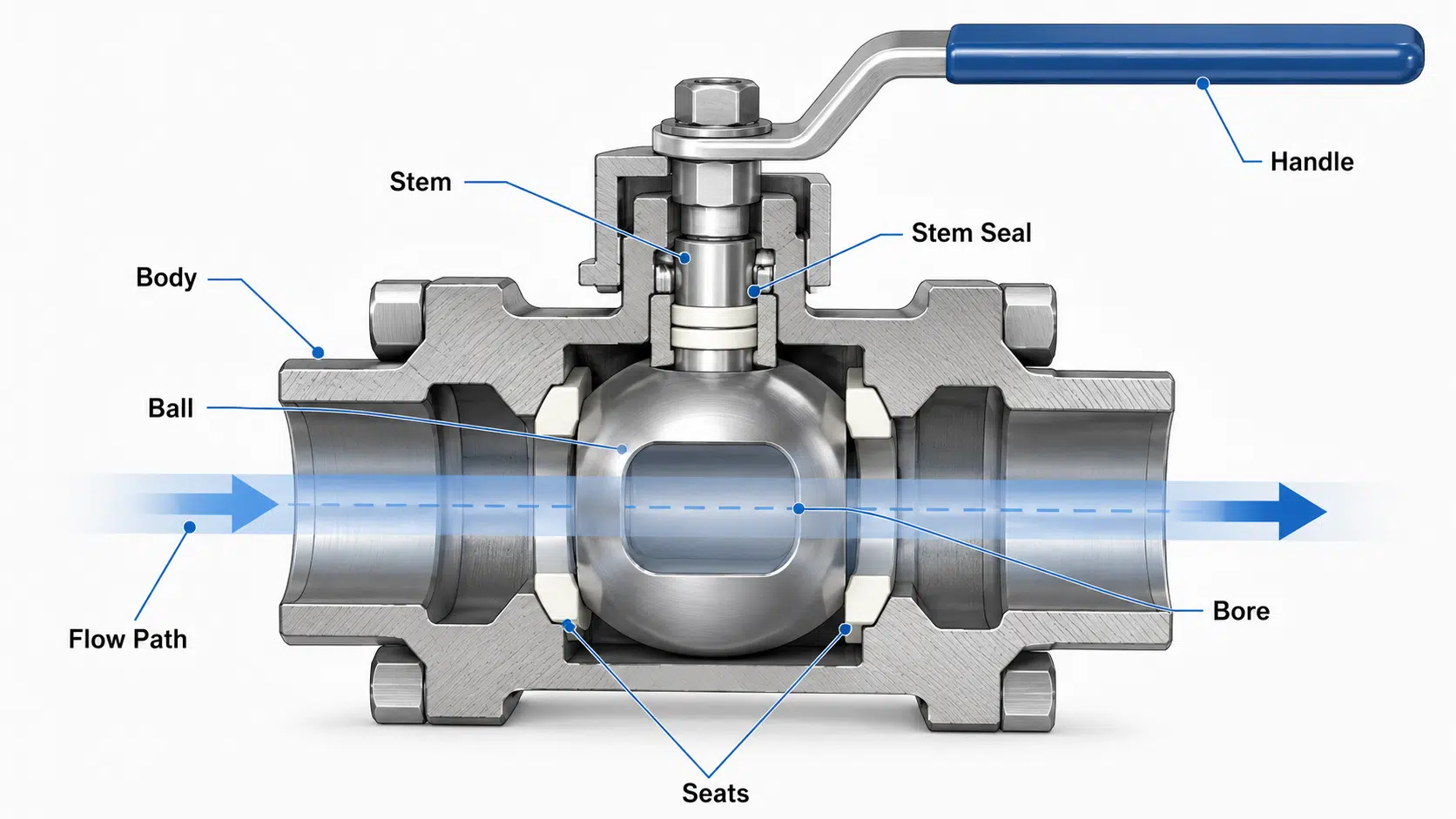 Ball valve cutaway showing body ball bore stem handle seats stem seal and flow path