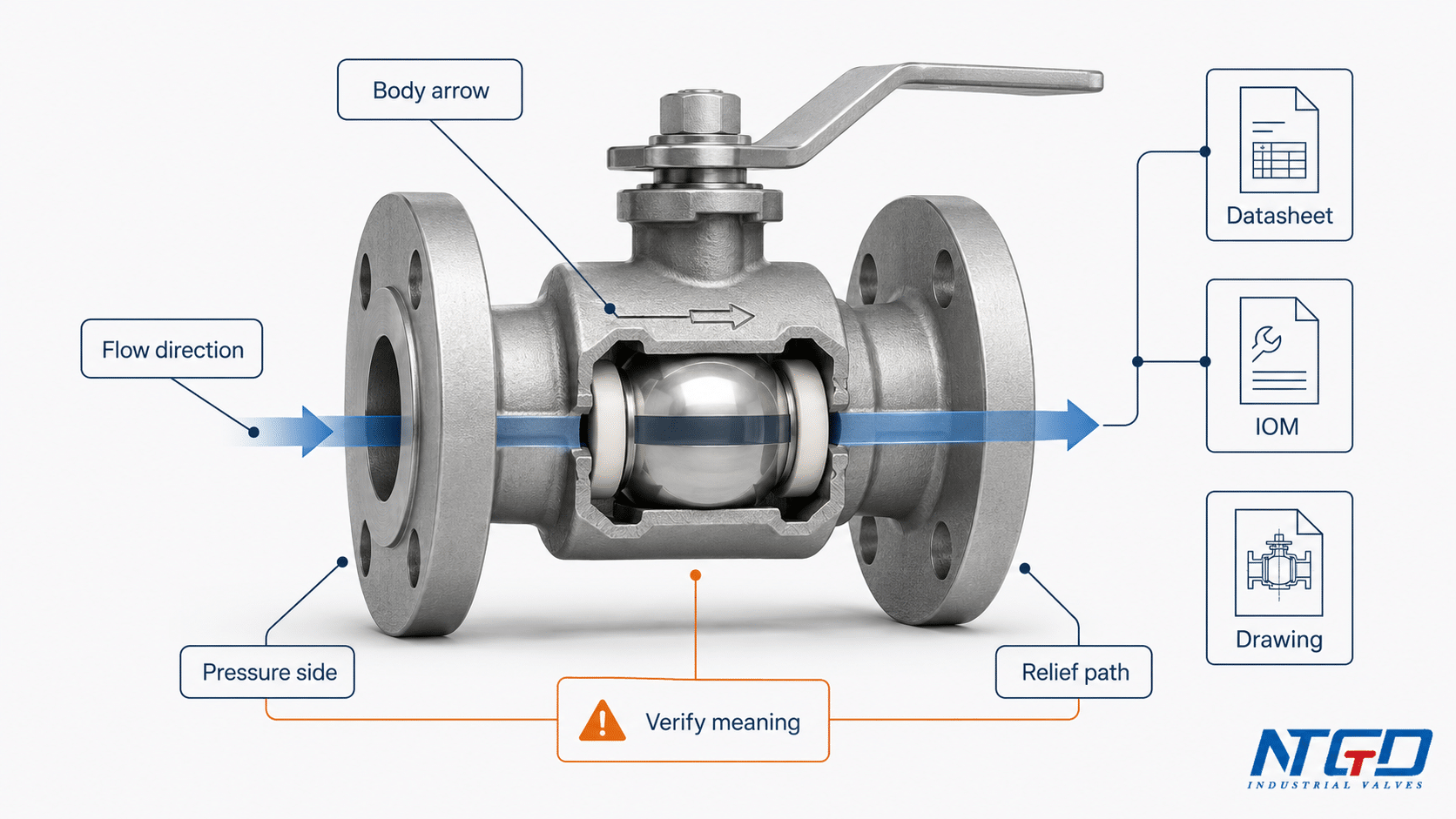 Ball valve body arrow diagram with datasheet IOM and drawing checks