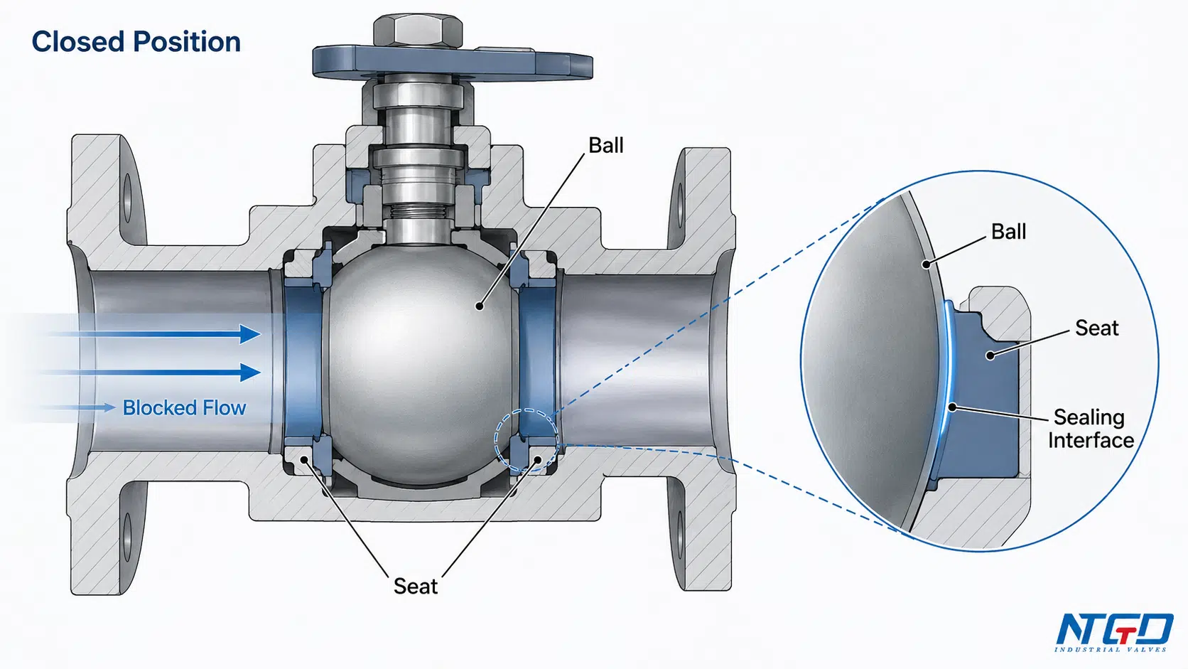 Ball valve closed position cutaway showing seat sealing interface and blocked flow