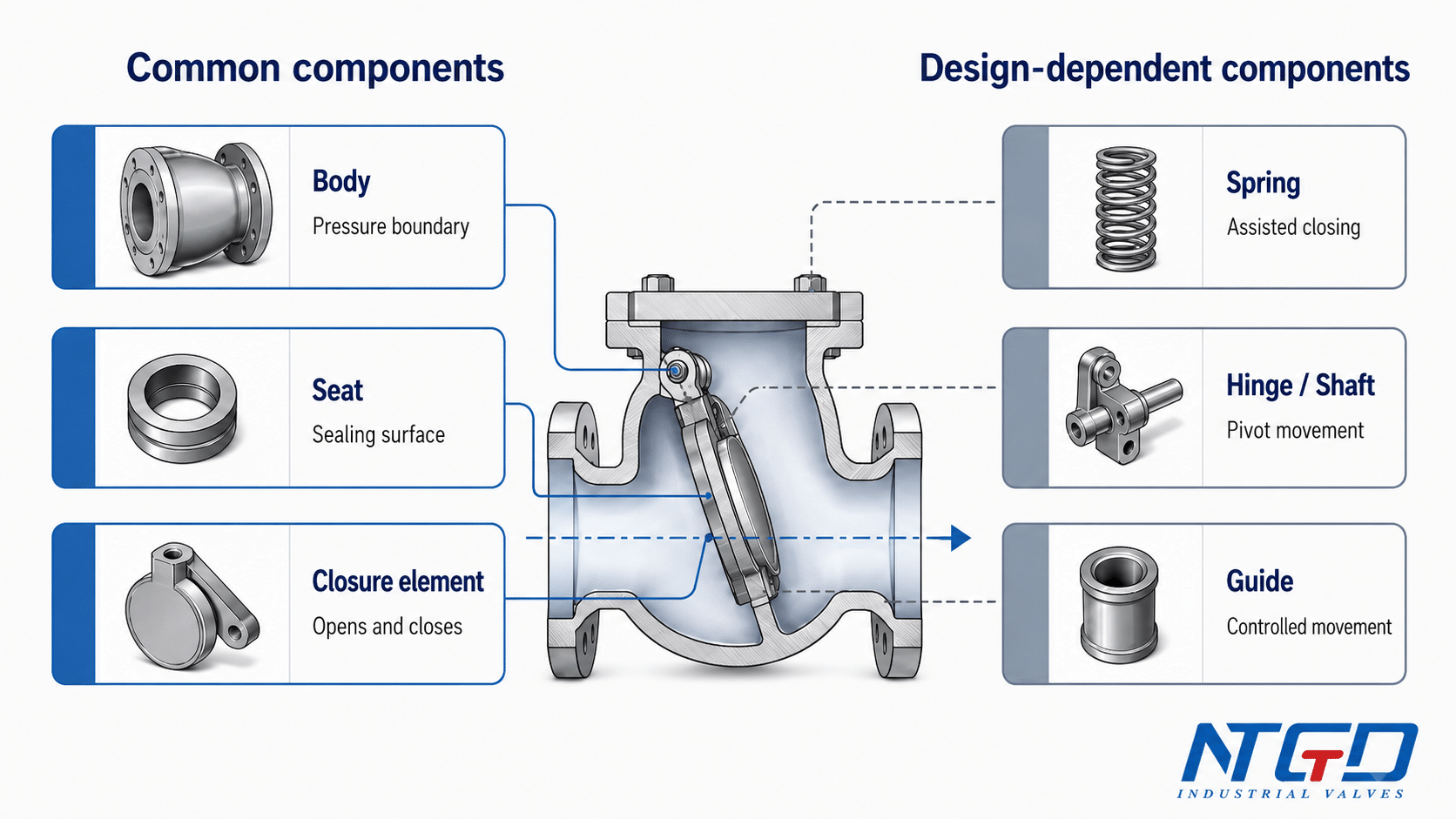Basic versus design-dependent check valve components including body seat closure element spring hinge shaft and guide