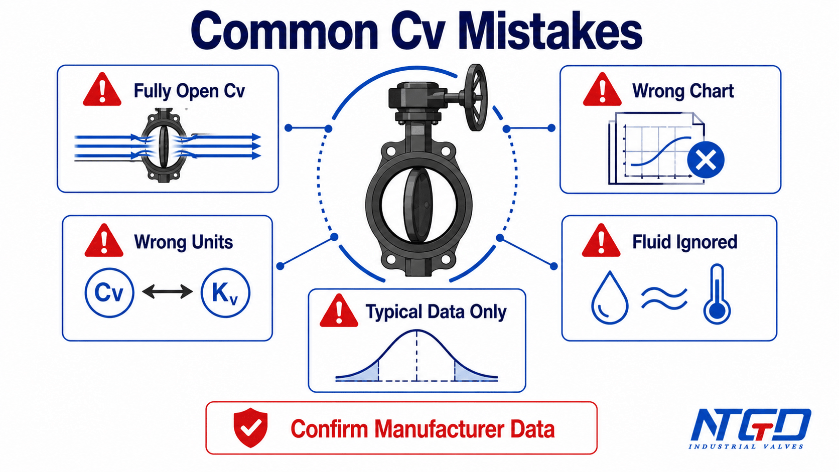 Common butterfly valve Cv mistakes including fully open Cv, wrong chart, wrong units and ignored fluid data.