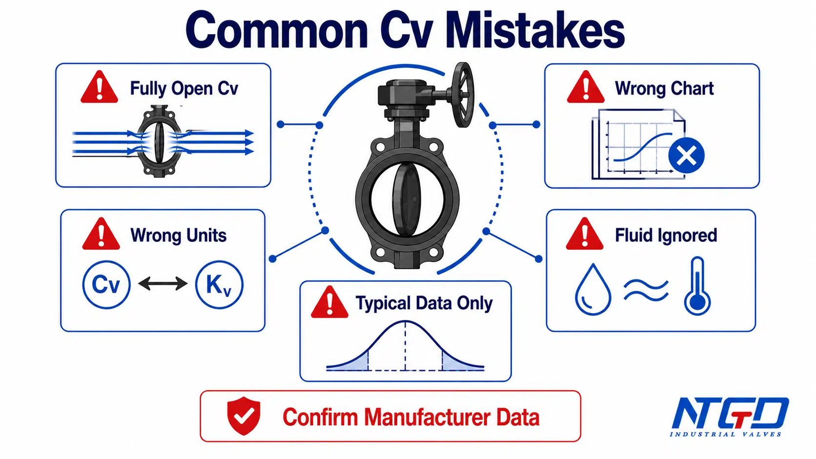 Common butterfly valve Cv mistakes including fully open Cv, wrong chart, wrong units and ignored fluid data.