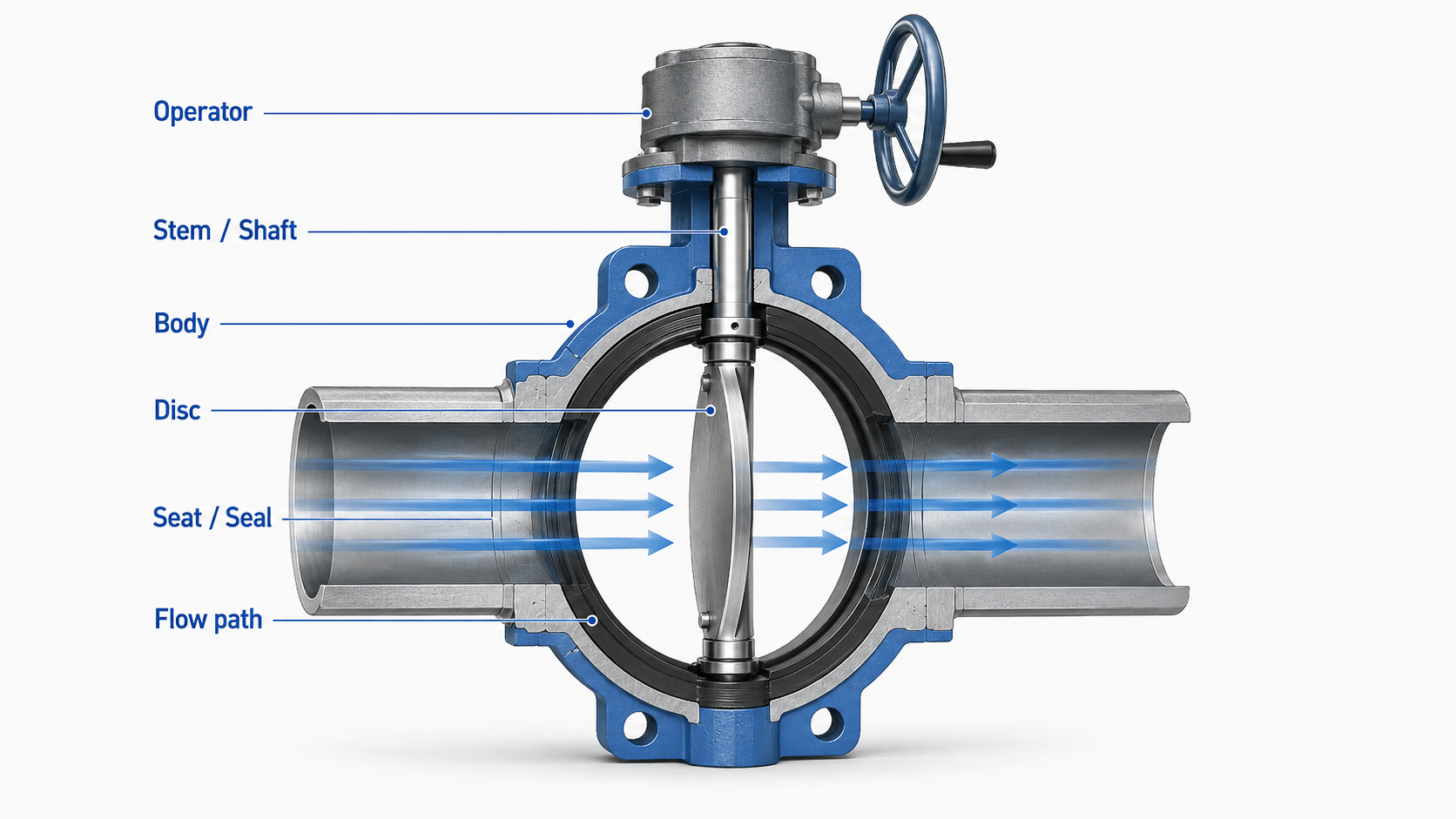 Butterfly valve components diagram showing body, disc, stem, seat, operator and flow path