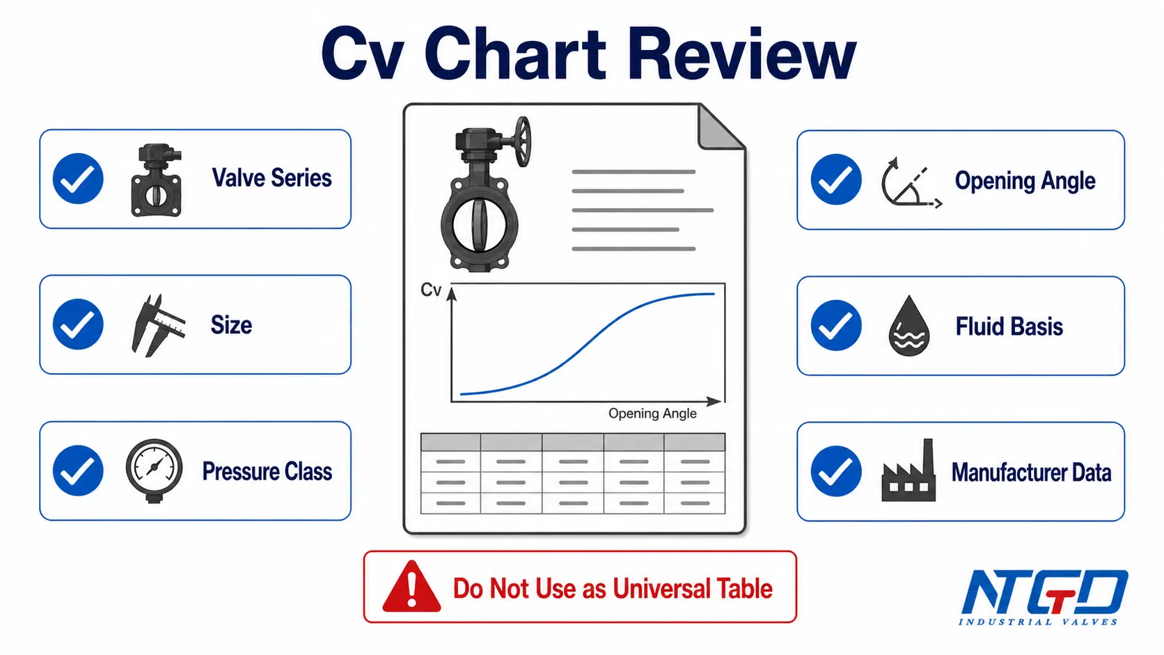 RFQ data checklist for butterfly valve Cv review including medium, flow rate, pressure, temperature, specific gravity and service type.