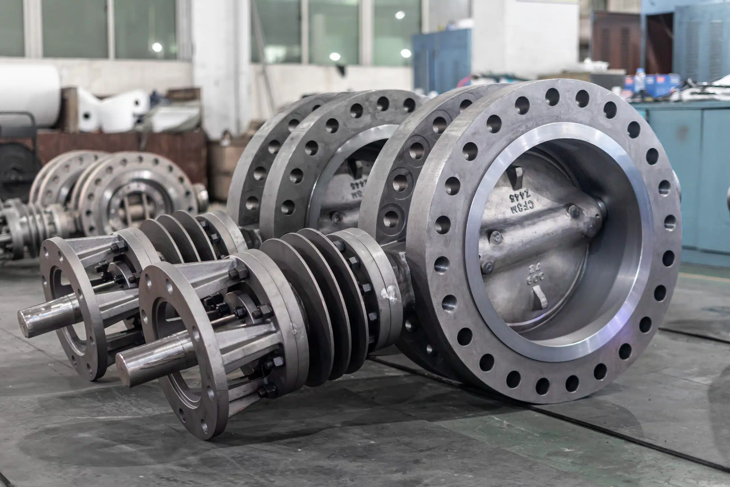 24 inch 600LB WCB gear-operated double offset butterfly valve with flanged body and visible disc.