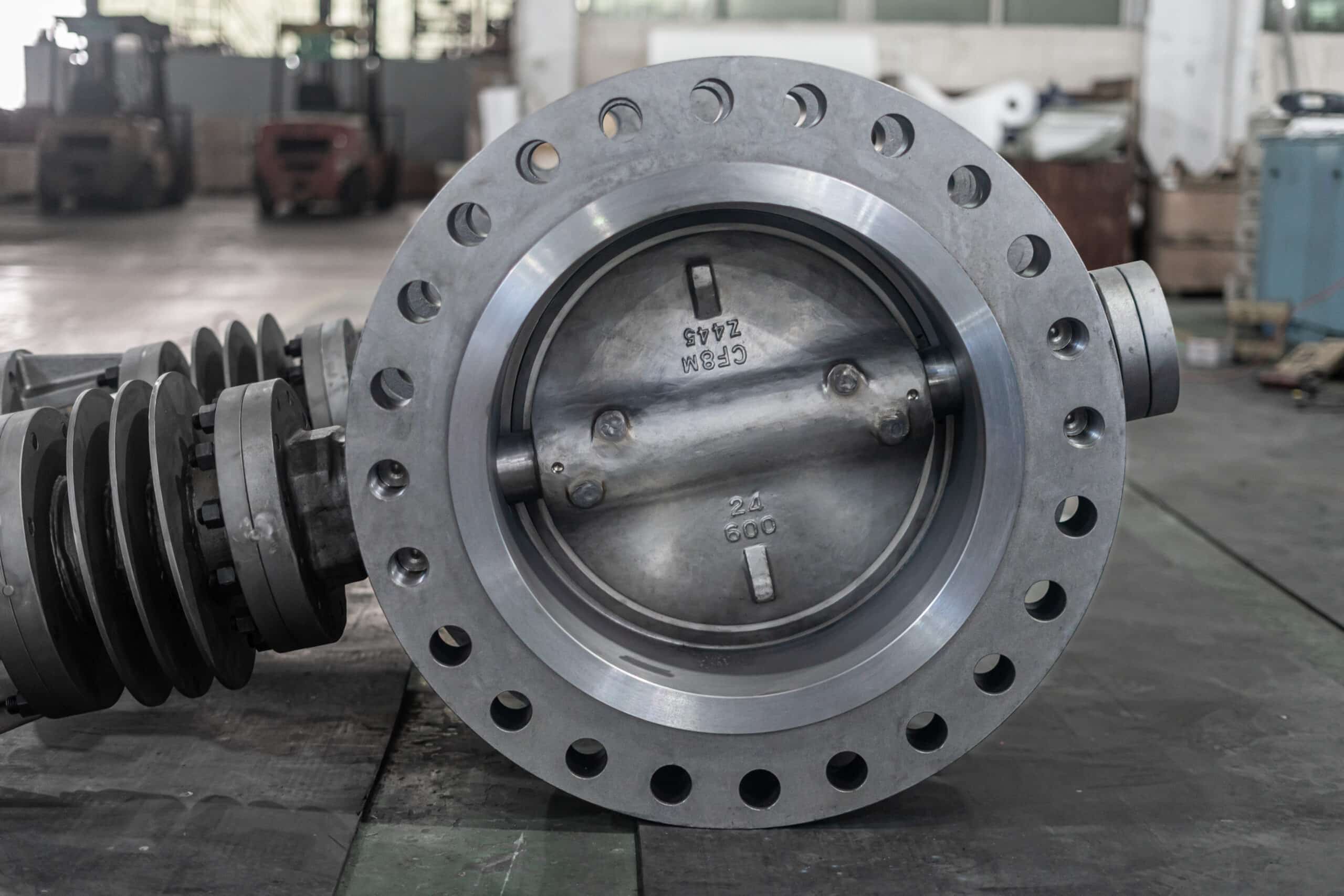 24 inch 600LB WCB double offset butterfly valve with gear operator in workshop.