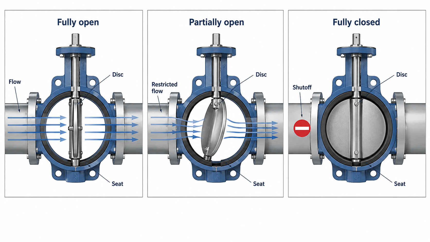 Butterfly valve open, partially open and fully closed disc positions with flow path illustration