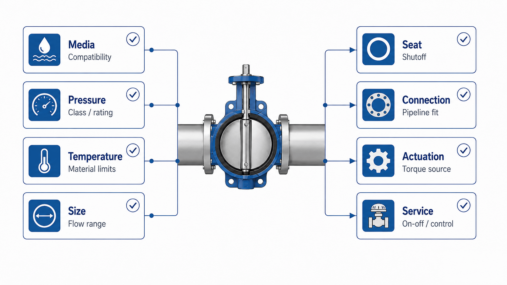 Butterfly valve RFQ checklist for media, pressure, temperature, size, seat, connection, actuation and service