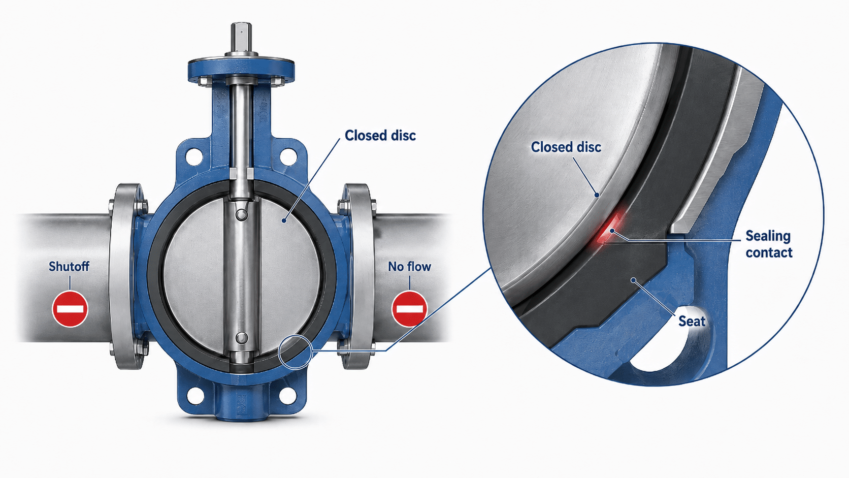 Butterfly valve shutoff detail showing closed disc, seat and sealing contact