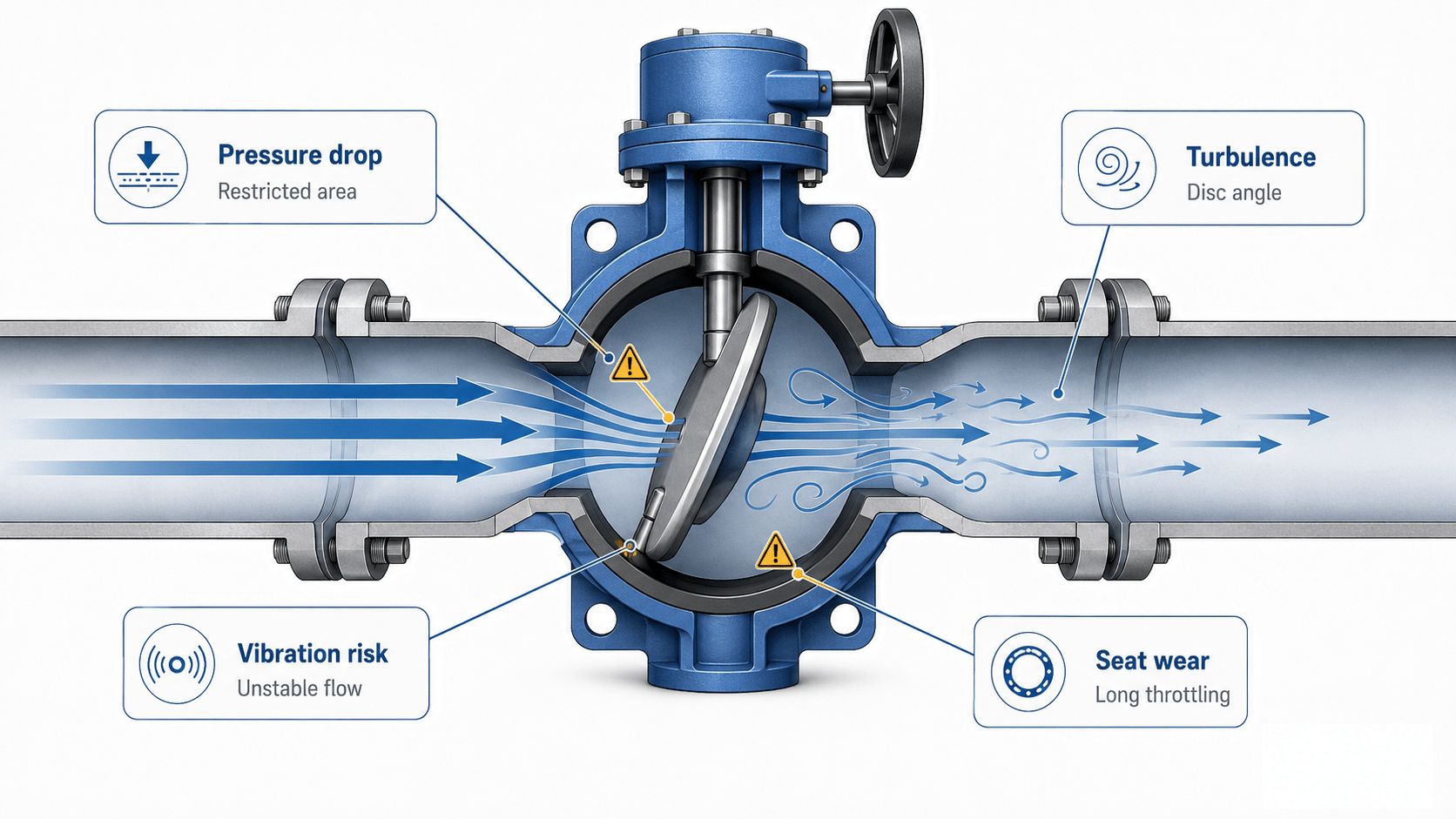 Butterfly valve throttling diagram showing partial disc opening, pressure drop, turbulence and seat wear risk
