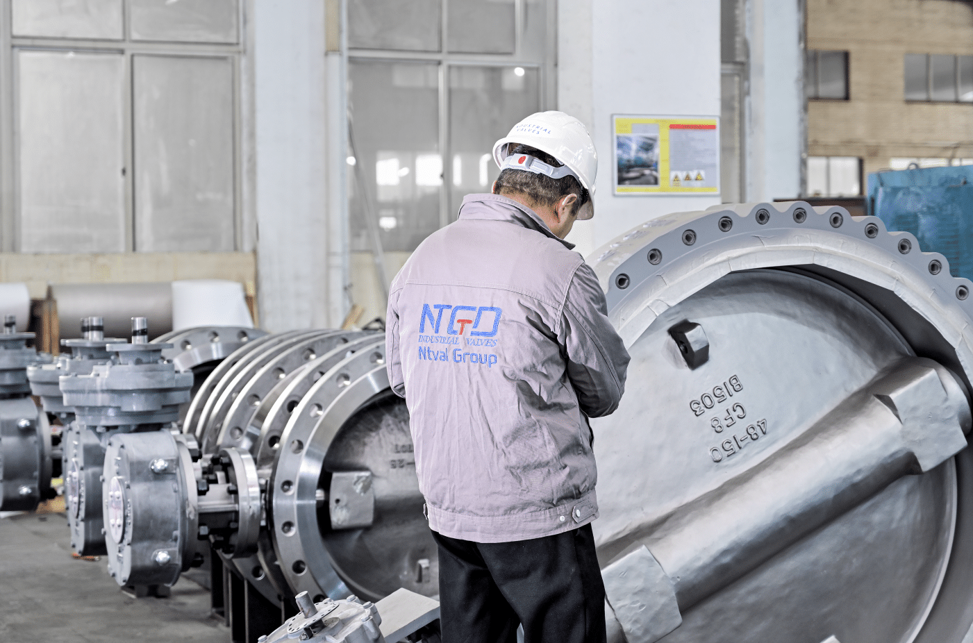 48 inch 150LB CF8 triple offset butterfly valve in workshop inspection.