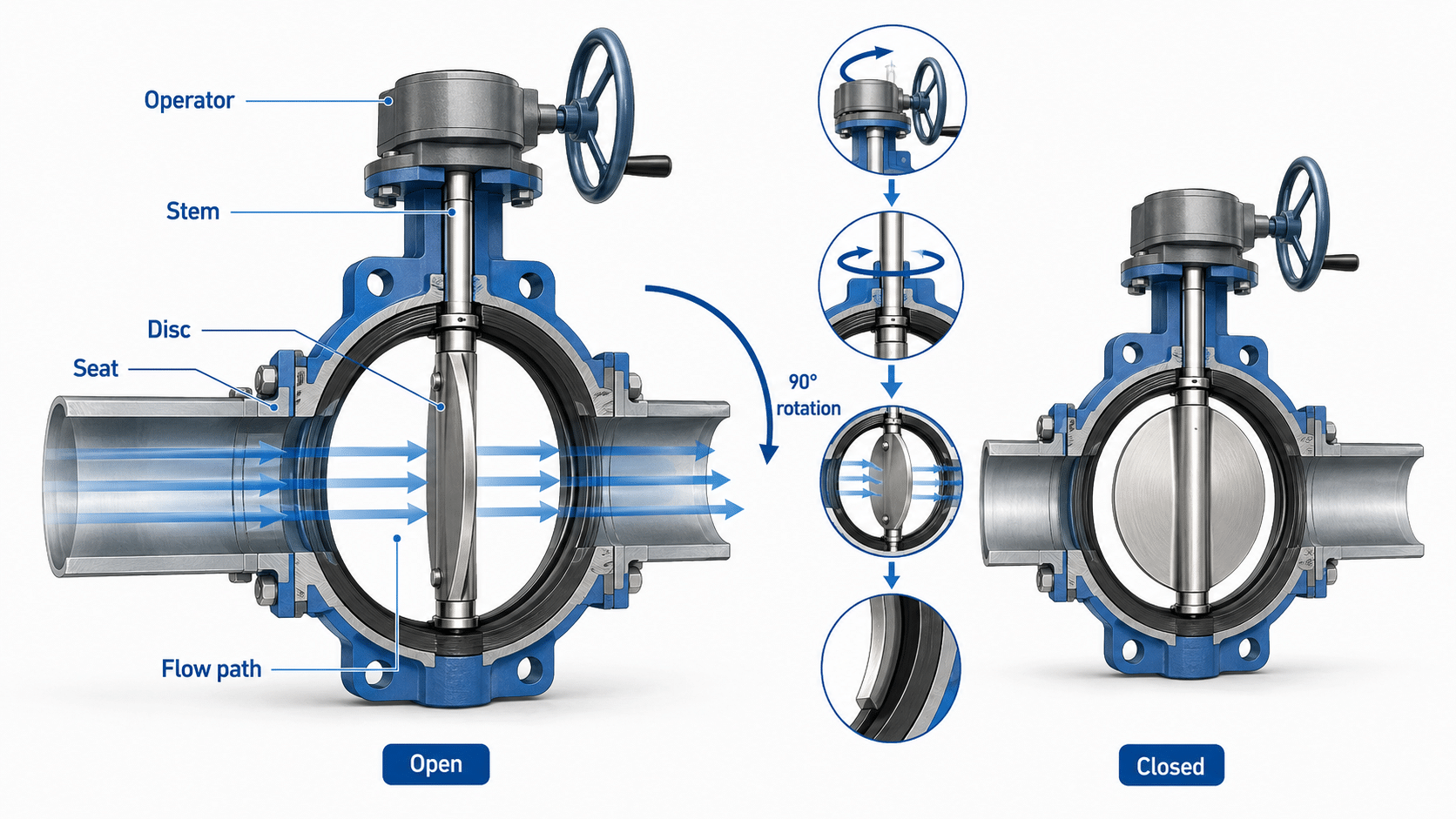 Butterfly valve working principle diagram showing stem-driven disc rotation and flow path change